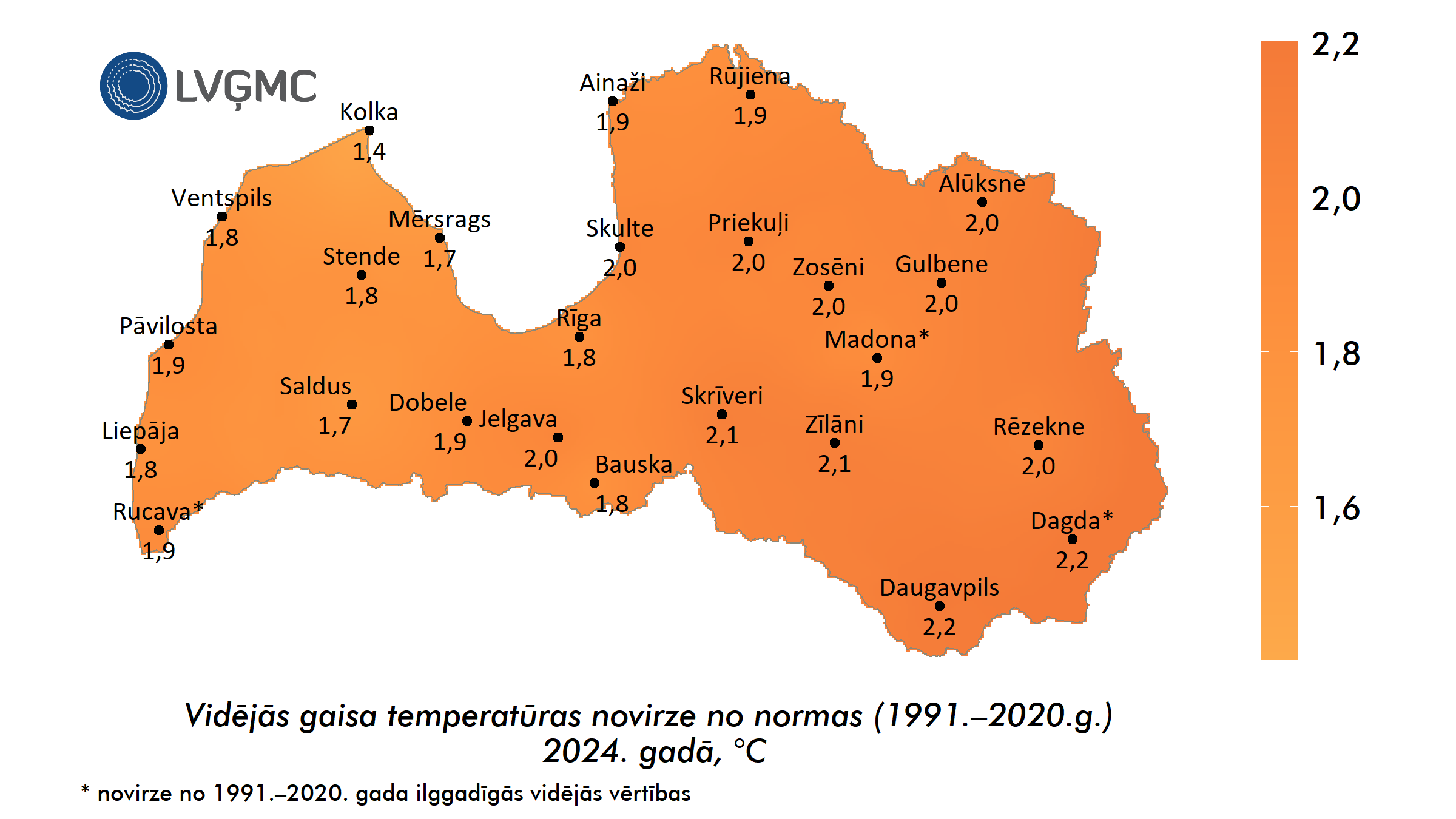 Vidējās gaisa temperatūras novirze no normas 2024. gadā, °C