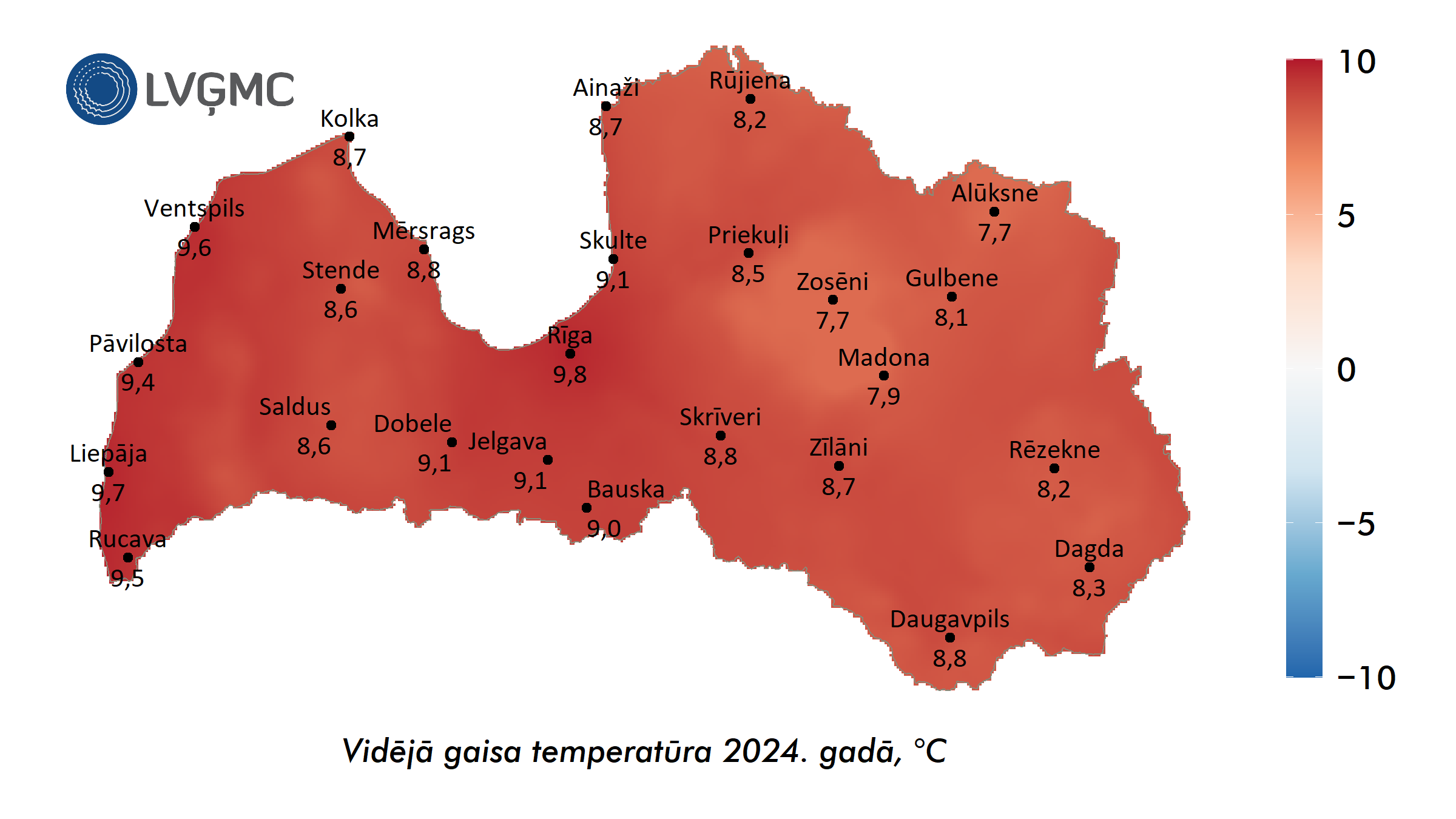 Vidējās gaisa temperatūra 2024. gadā, °C