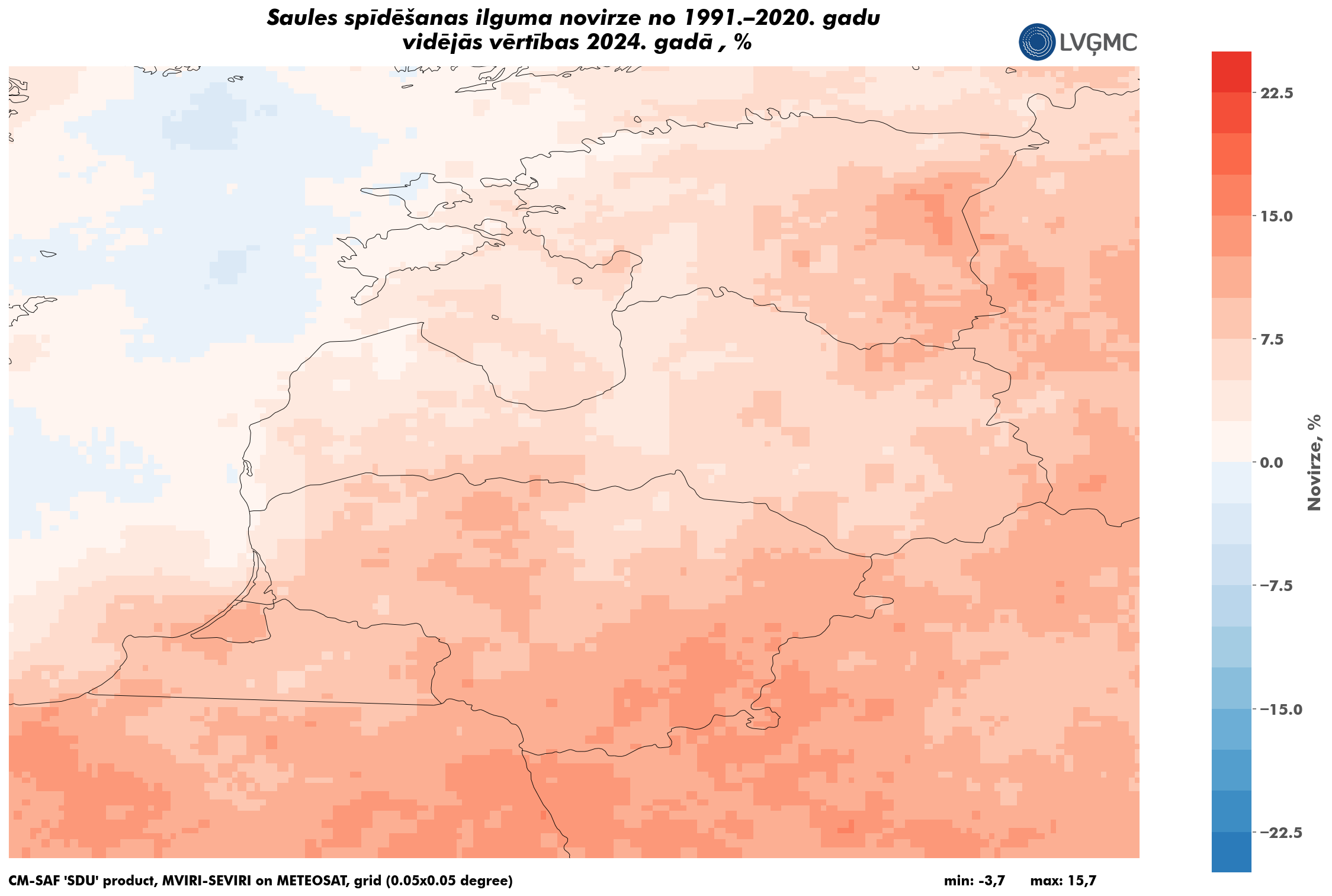 Saules spīdēšanas ilguma novirze no 1991.–2020. gadu vidējās vērtības 2024. gadā, %