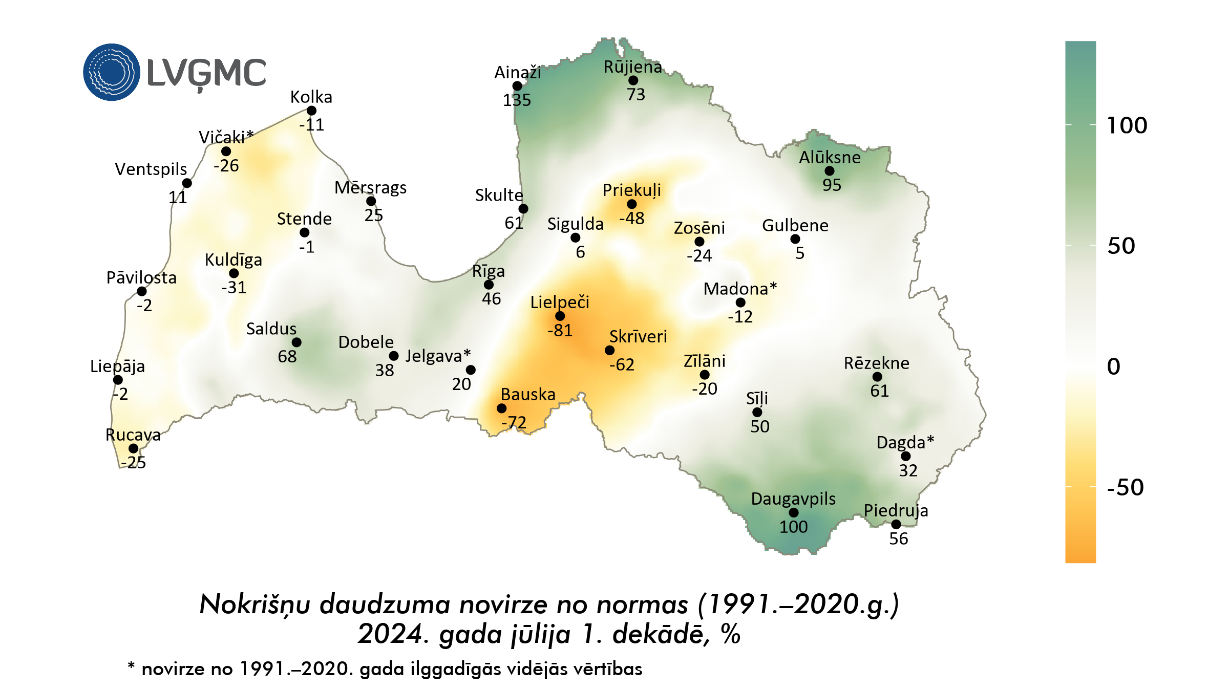 Nokrišņu daudzuma novirze no normas 2024. gada jūlija 1. dekādē, %