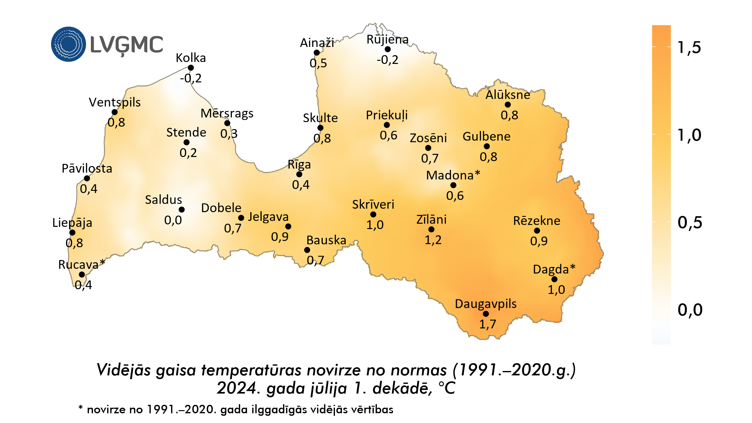 Vidējās gaisa temperatūras novirze no normas 2024. gada jūlija 1. dekādē, °C 