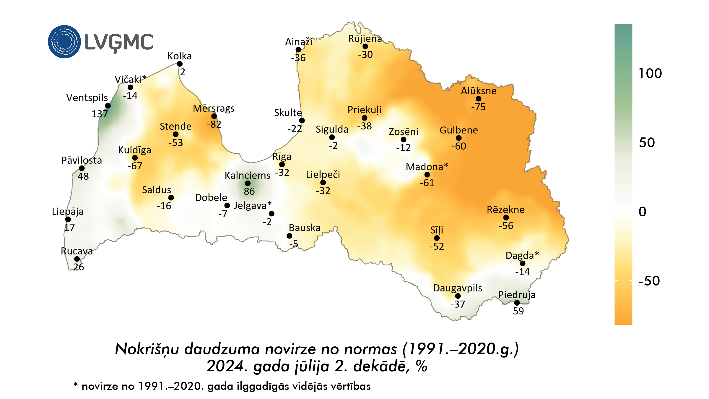 Nokrišņu daudzuma novirze no normas 2024. gada jūlija 2. dekādē, %