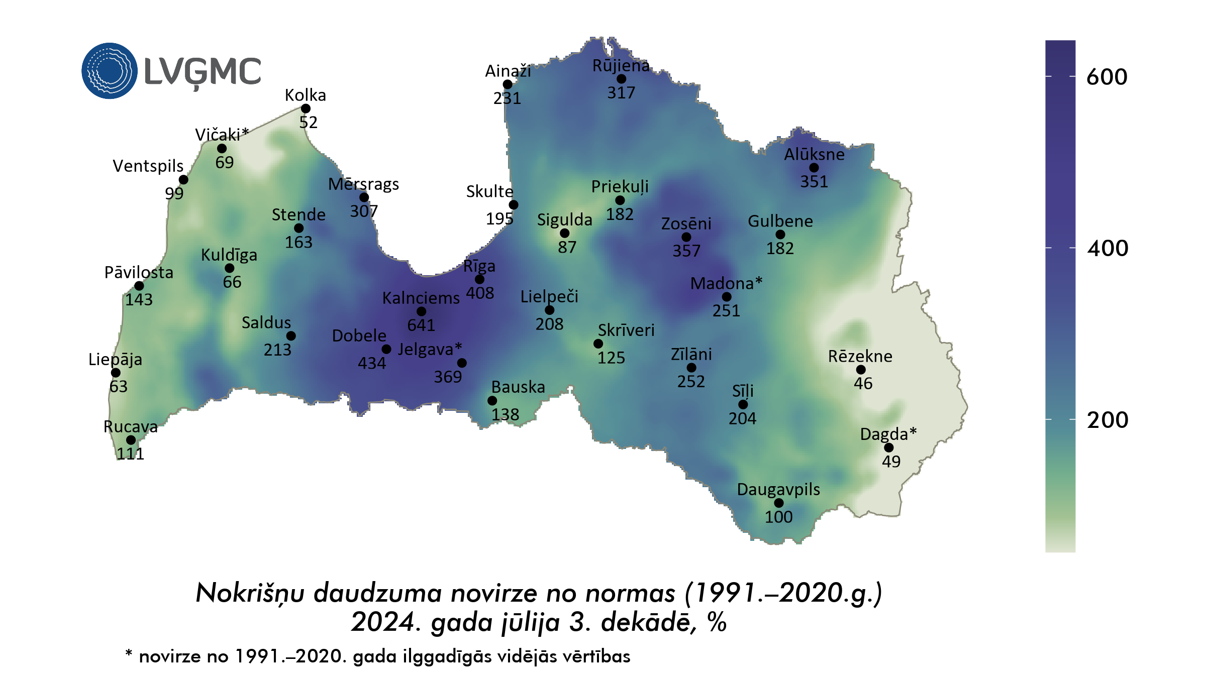 Nokrišņu daudzuma novirze no normas 2024. gada jūlija 3. dekādē, %