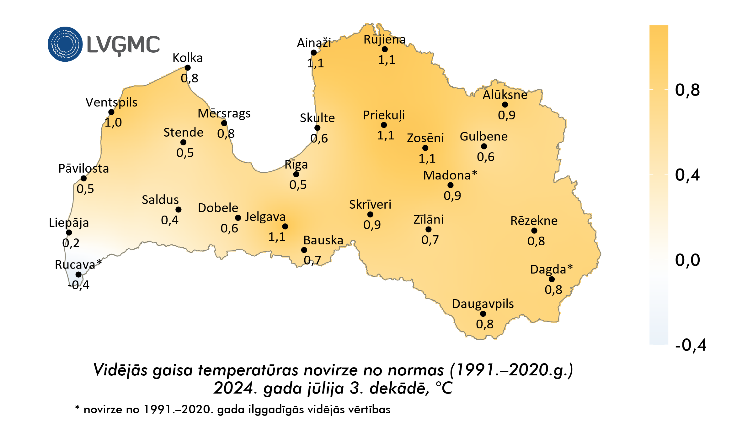 Vidējās gaisa temperatūras novirze no normas 2024. gada jūlija 3. dekādē, °C 