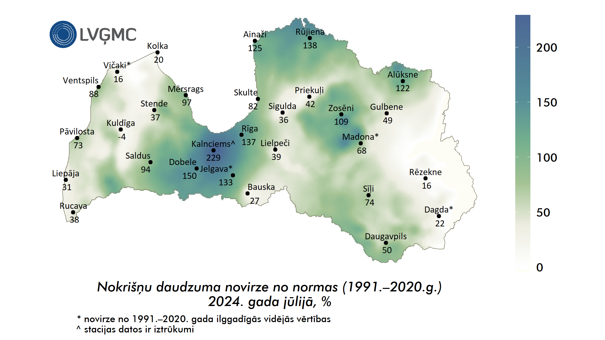 Nokrišņu daudzuma novirze no normas 2024. gada jūlijā, %