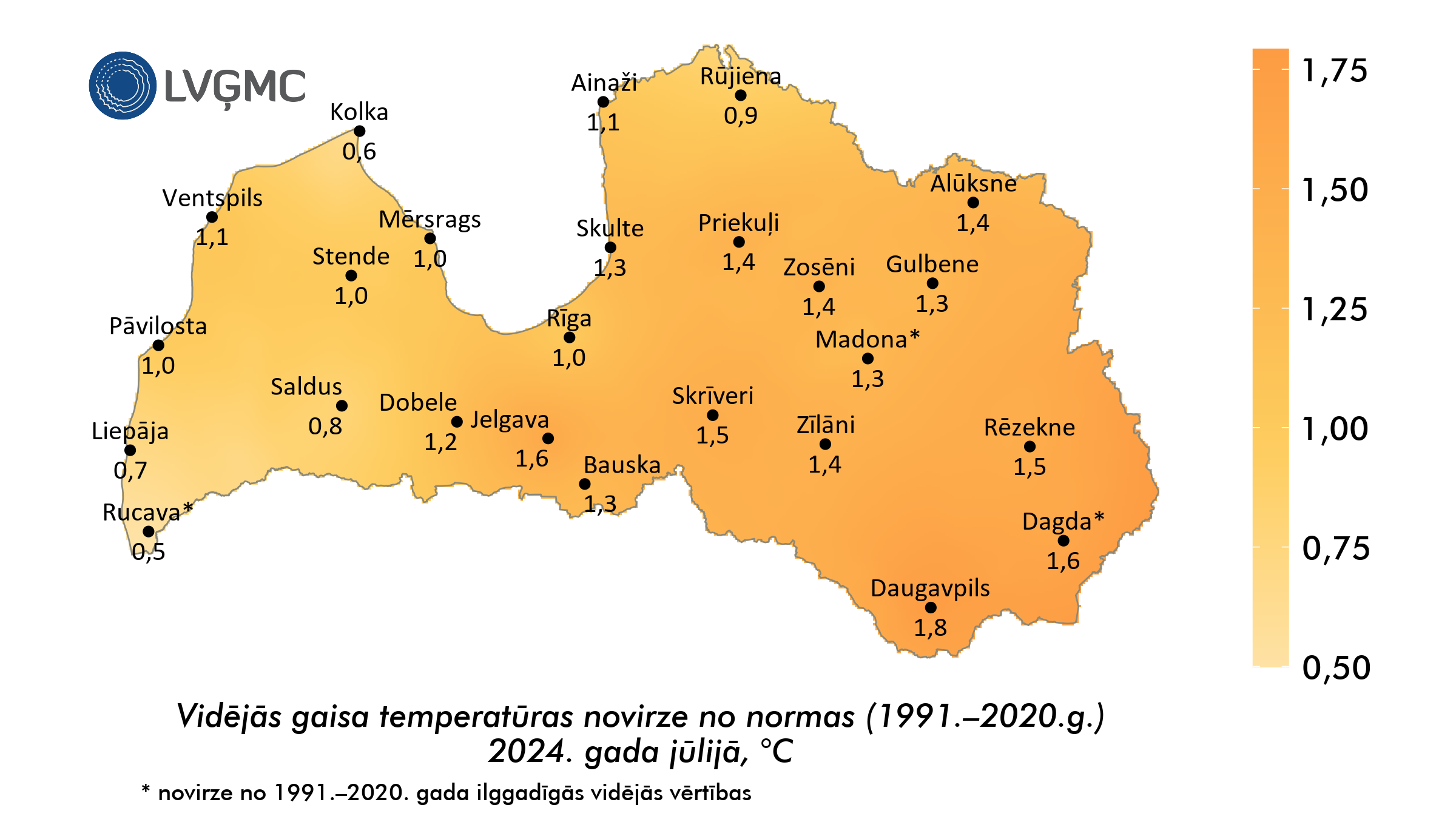 Vidējās gaisa temperatūras novirze no normas 2024. gada jūlijā, °C 