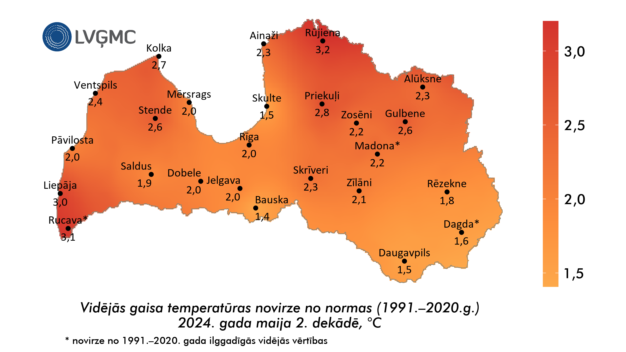 Vidējās gaisa temperatūras novirze no normas 2024. gada maija 2. dekādē, °C 