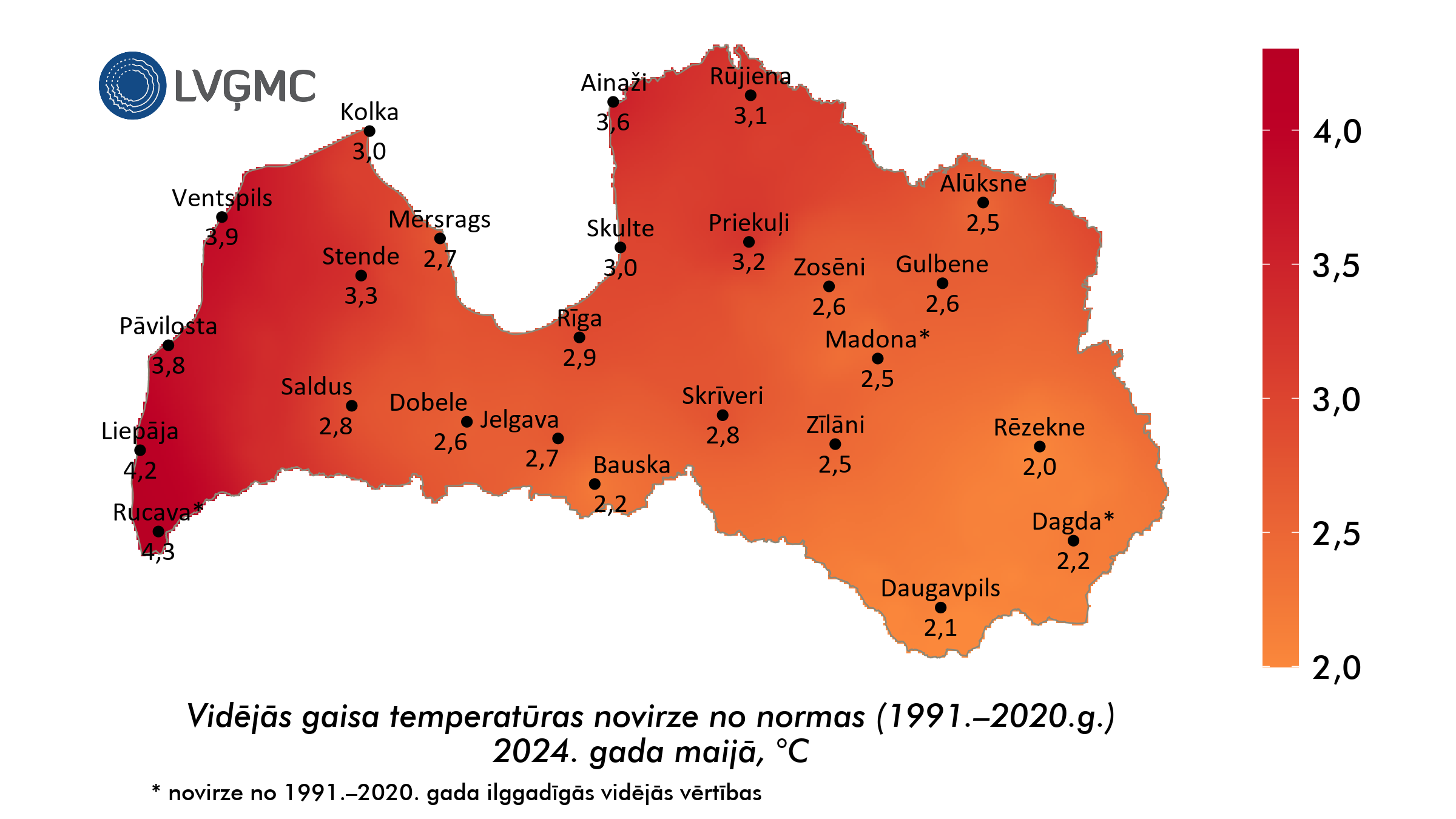 Vidējās gaisa temperatūras novirze no normas 2024. gada maijā, °C 