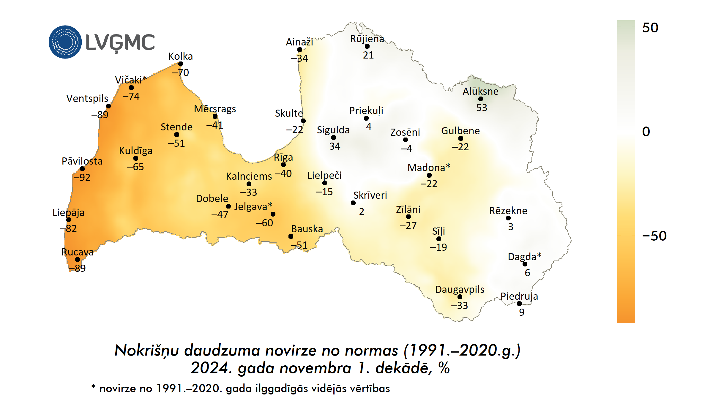 Nokrišņu daudzuma novirze no normas 2024. gada novembra 1. dekādē, %