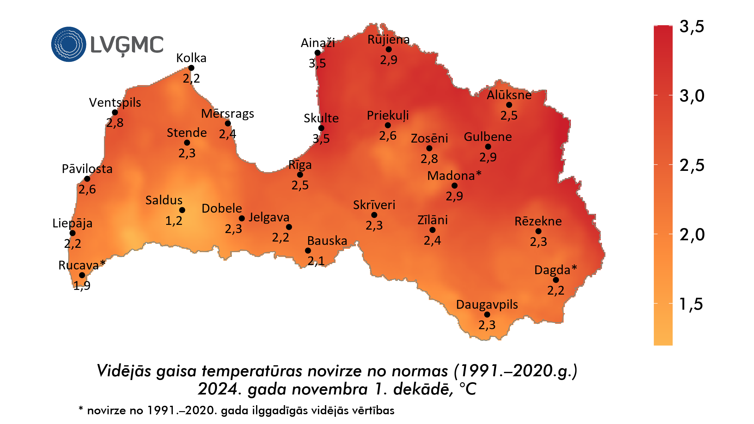 Vidējās gaisa temperatūras novirze no normas 2024. gada novembra 1. dekādē, °C 