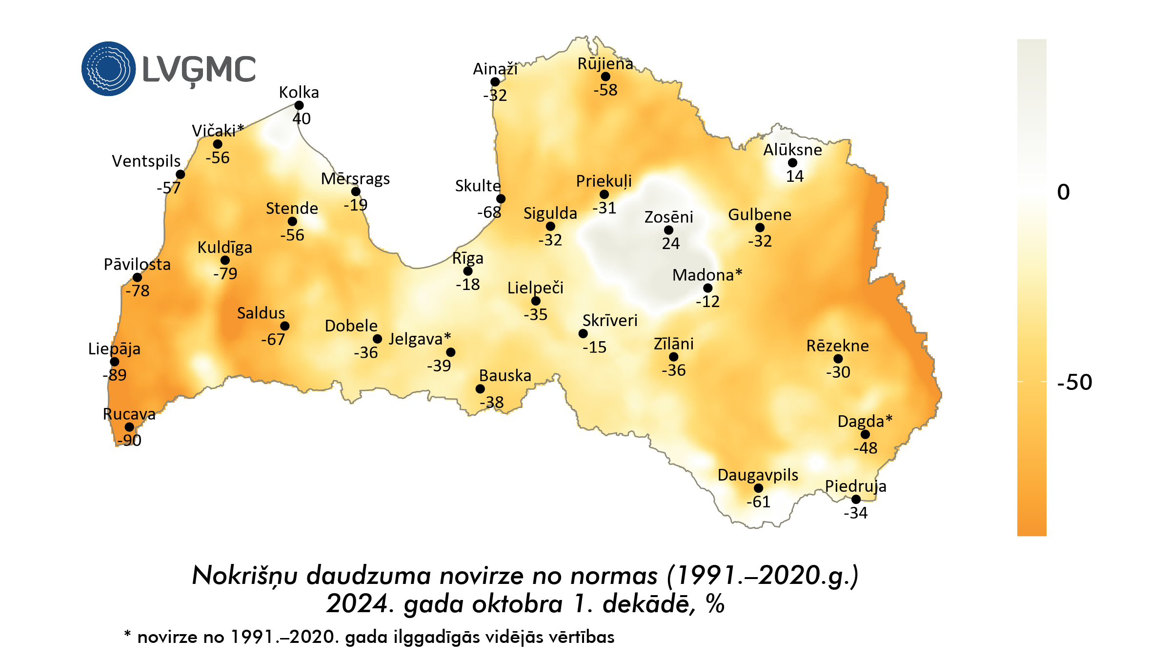 Nokrišņu daudzuma novirze no normas 2024. gada oktobra 1. dekādē, %