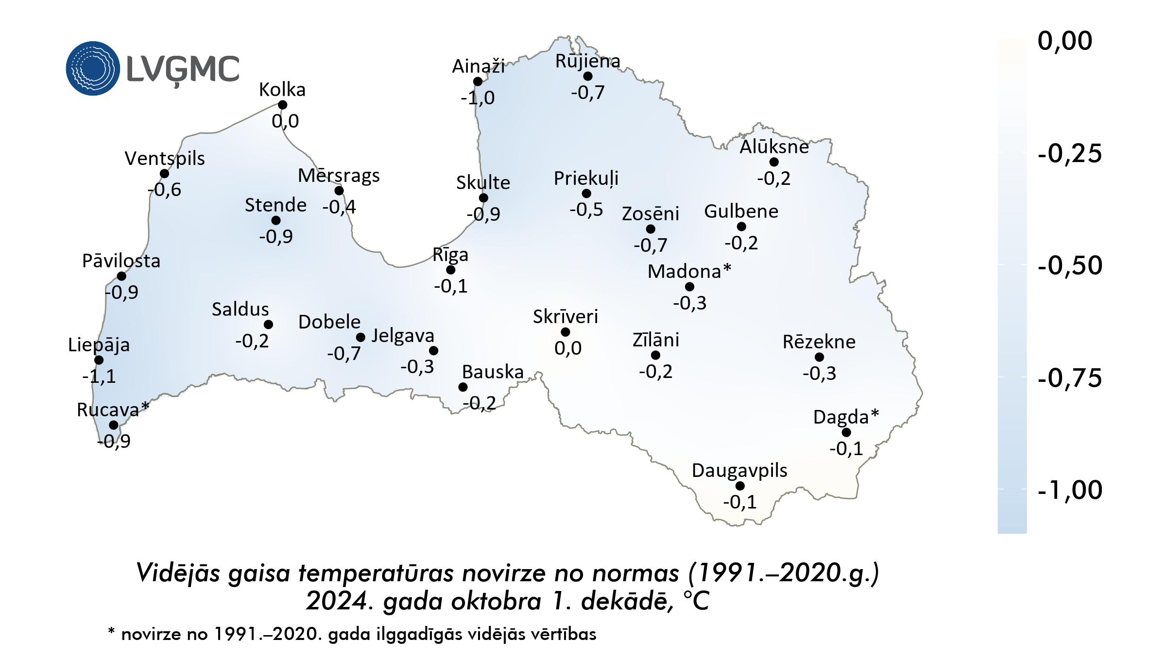 Vidējās gaisa temperatūras novirze no normas 2024. gada oktobra 1. dekādē, °C 