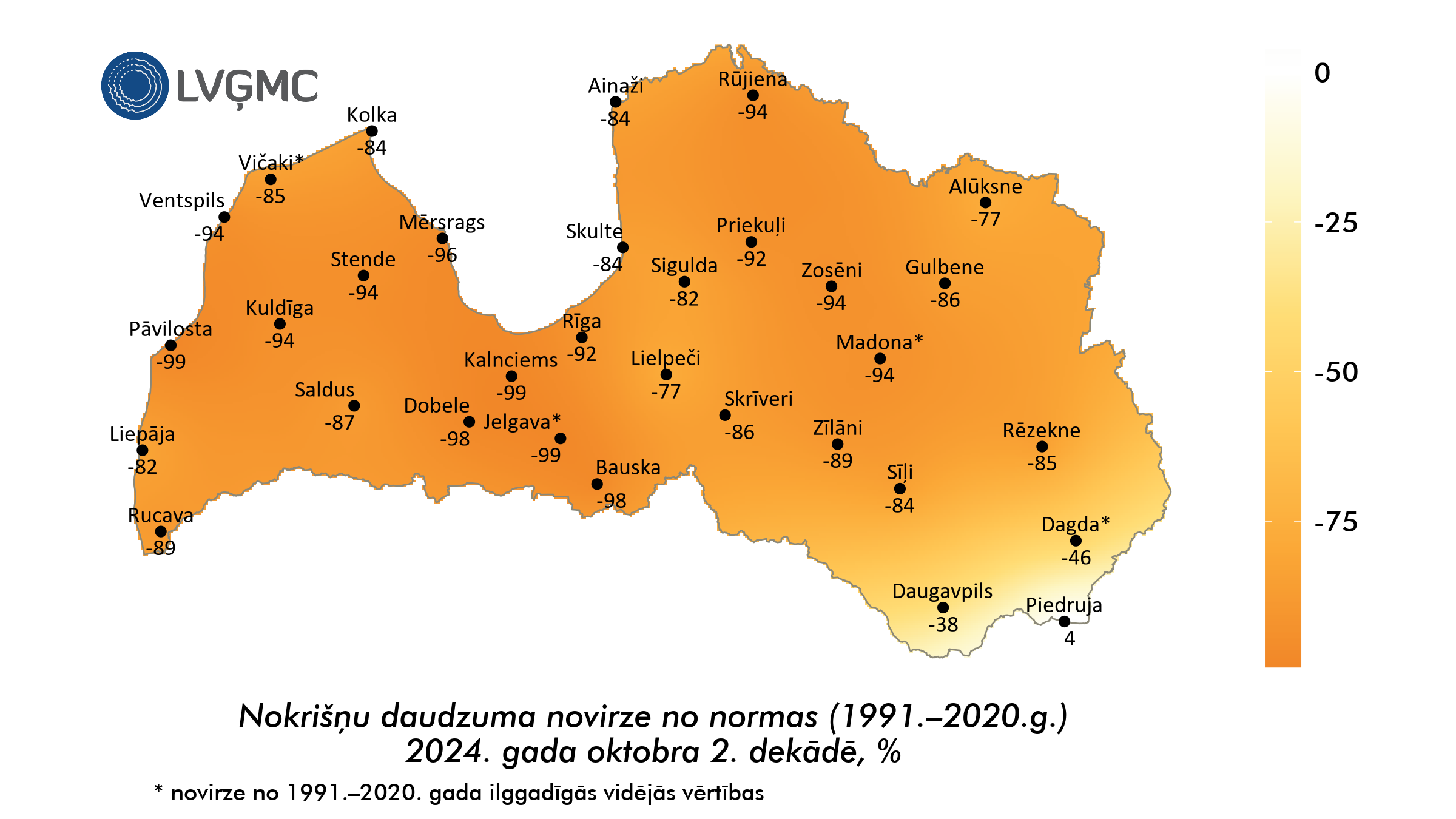 Nokrišņu daudzuma novirze no normas 2024. gada oktobra 2. dekādē, %