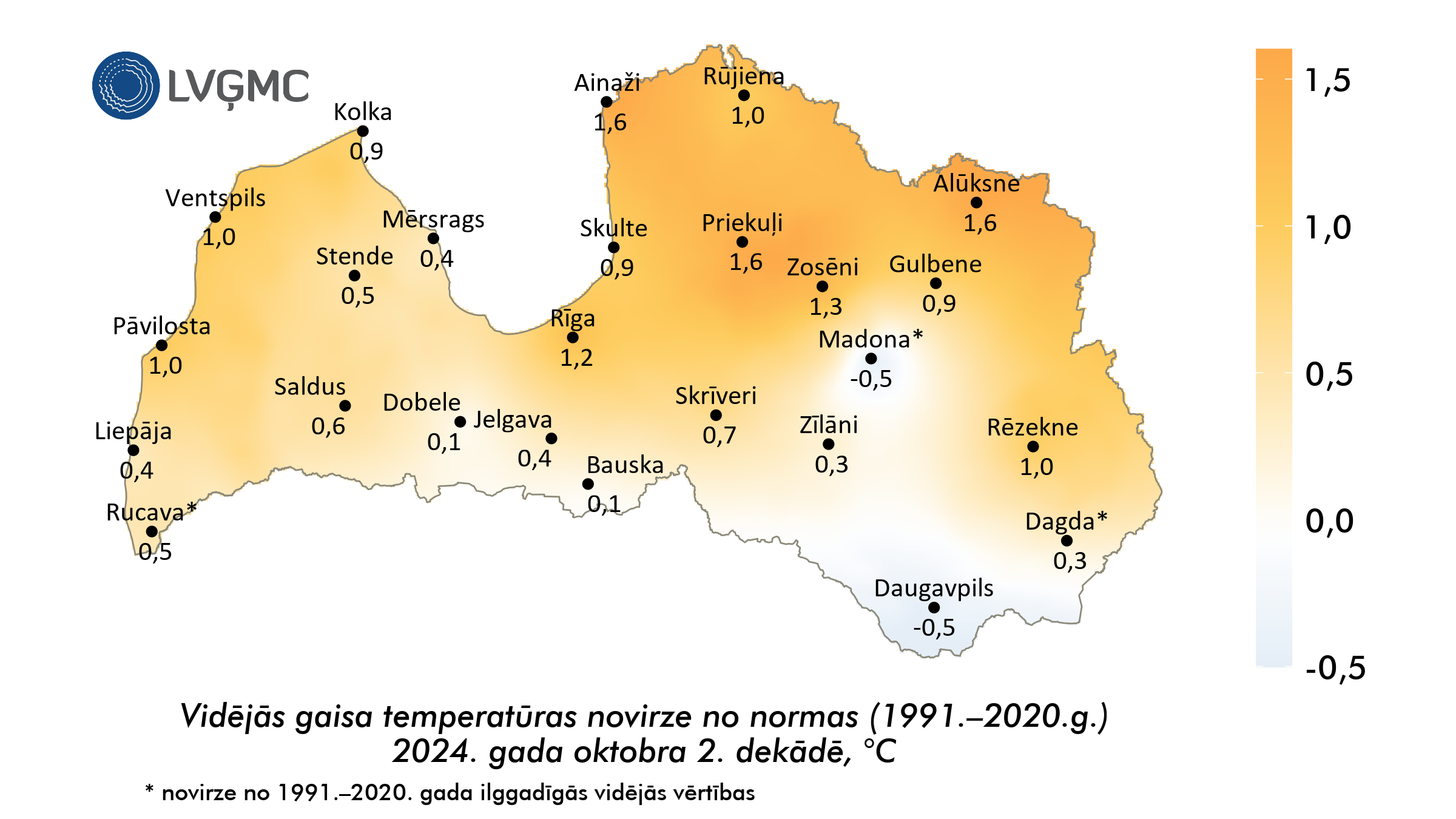 Vidējās gaisa temperatūras novirze no normas 2024. gada oktobra 2. dekādē, °C 