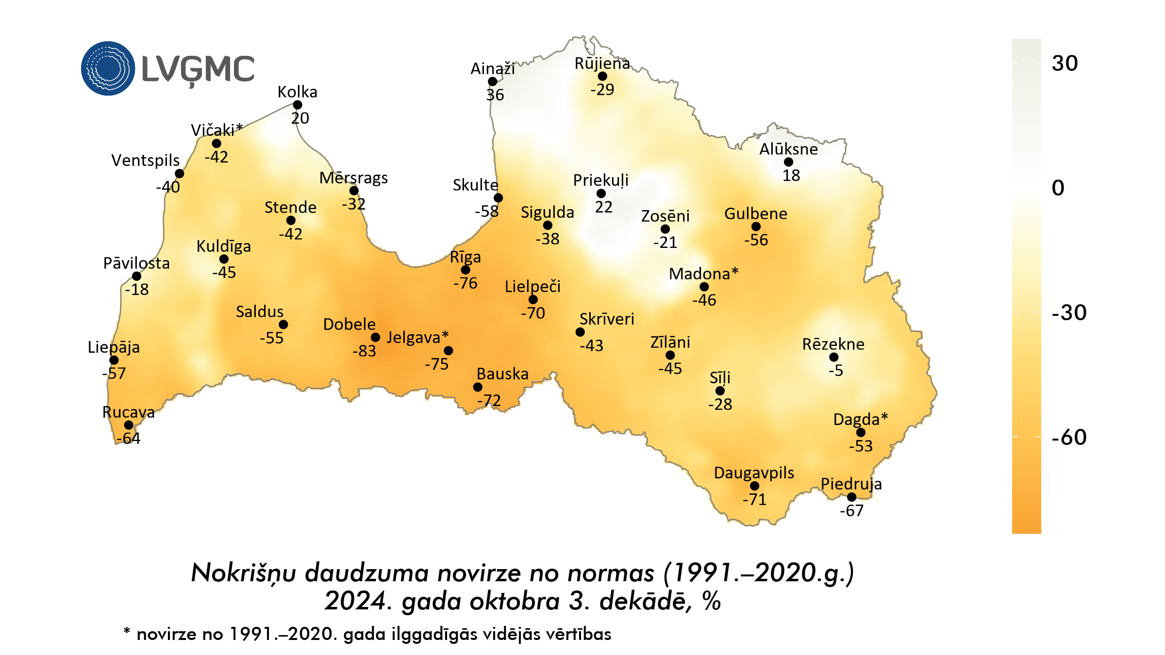 Nokrišņu daudzuma novirze no normas 2024. gada oktobra 3. dekādē, %