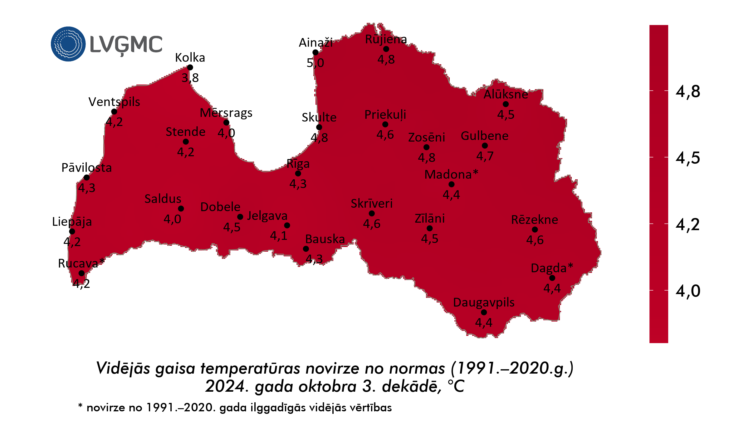 Vidējās gaisa temperatūras novirze no normas 2024. gada oktobra 3. dekādē, °C 