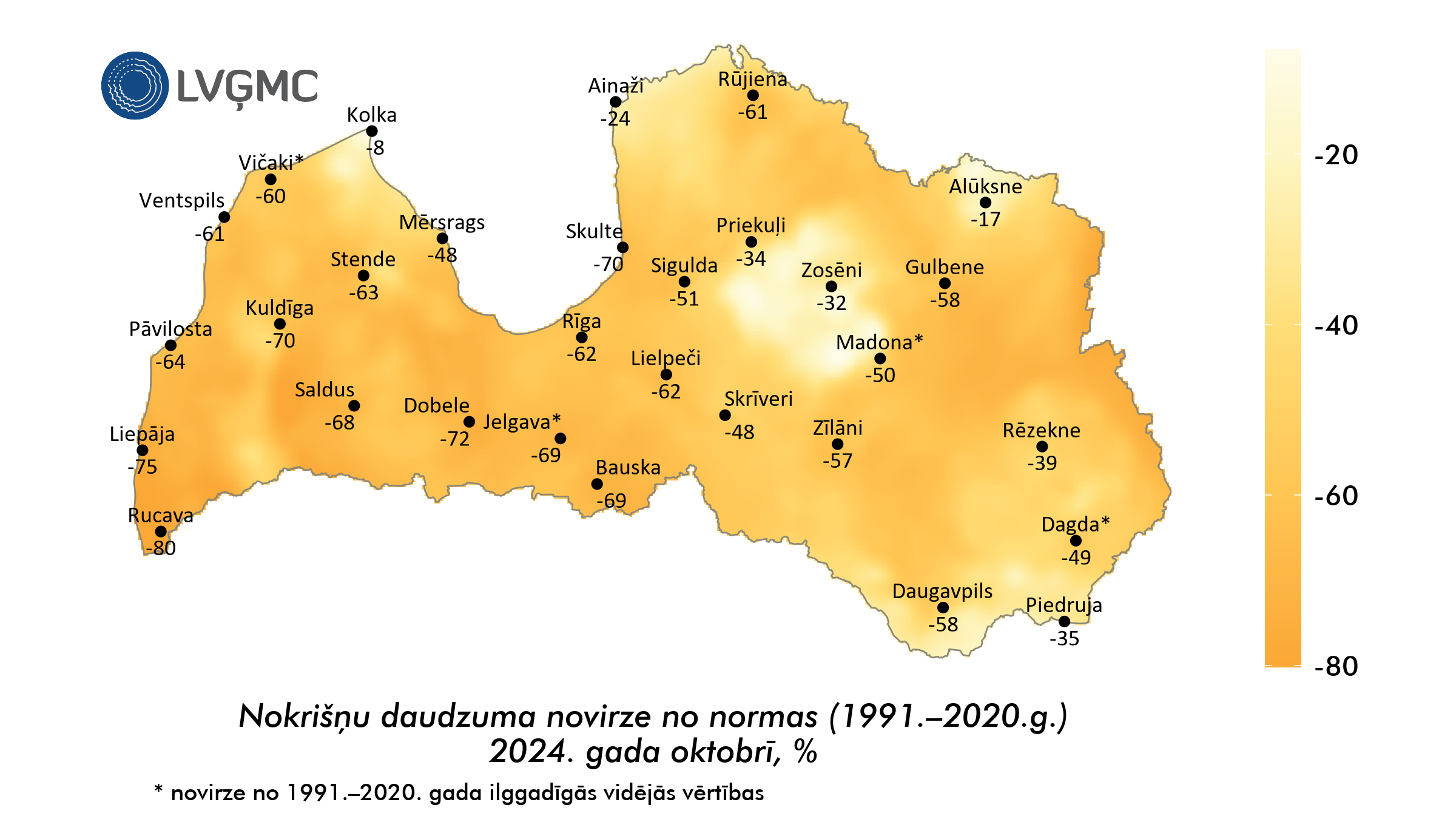 Nokrišņu daudzuma novirze no normas 2024. gada oktobrī, %