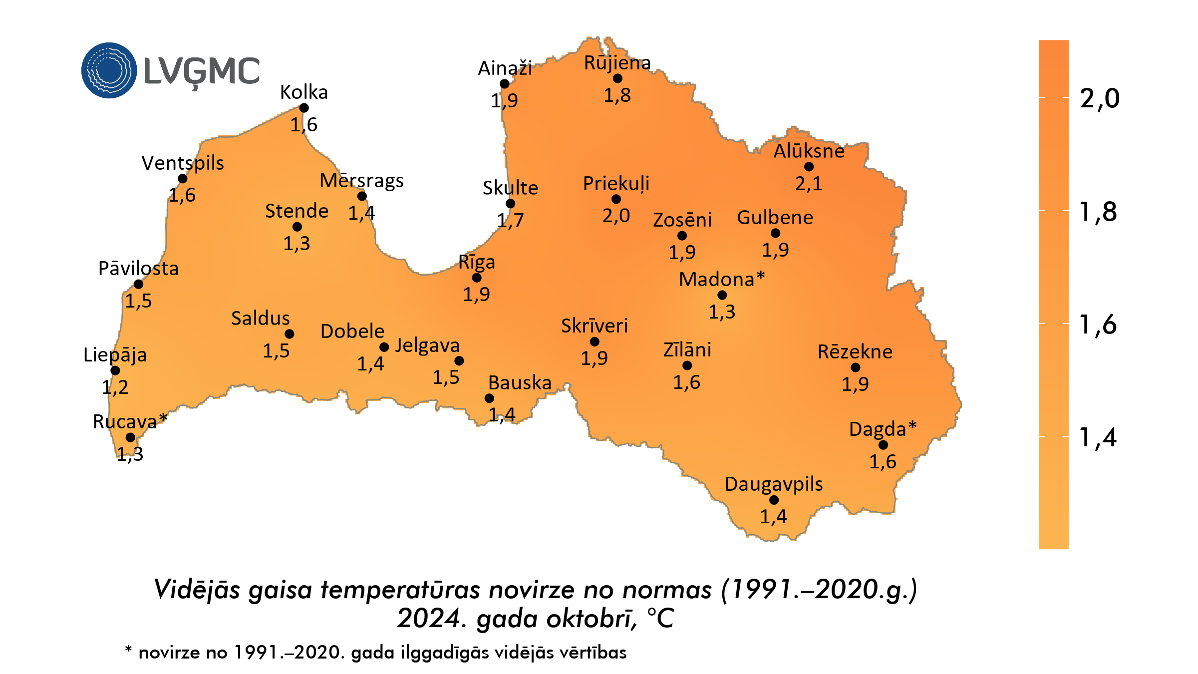 Vidējās gaisa temperatūras novirze no normas 2024. gada oktobrī, °C 