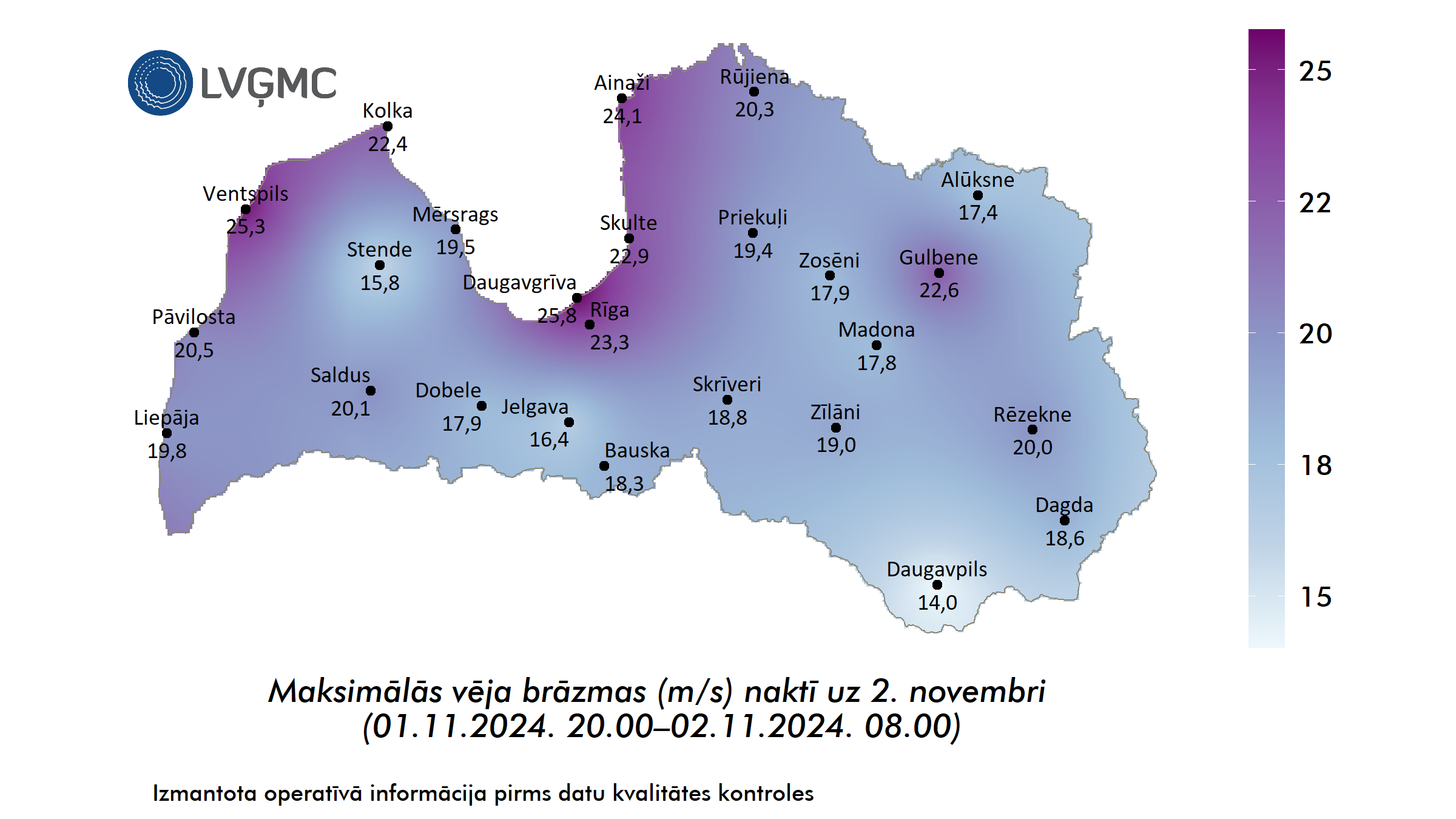 Maksimālās vēja brāzmas (m/s) naktī uz 2. novembri (01.11.2024. 20.00–02.11.2024. 08.00)