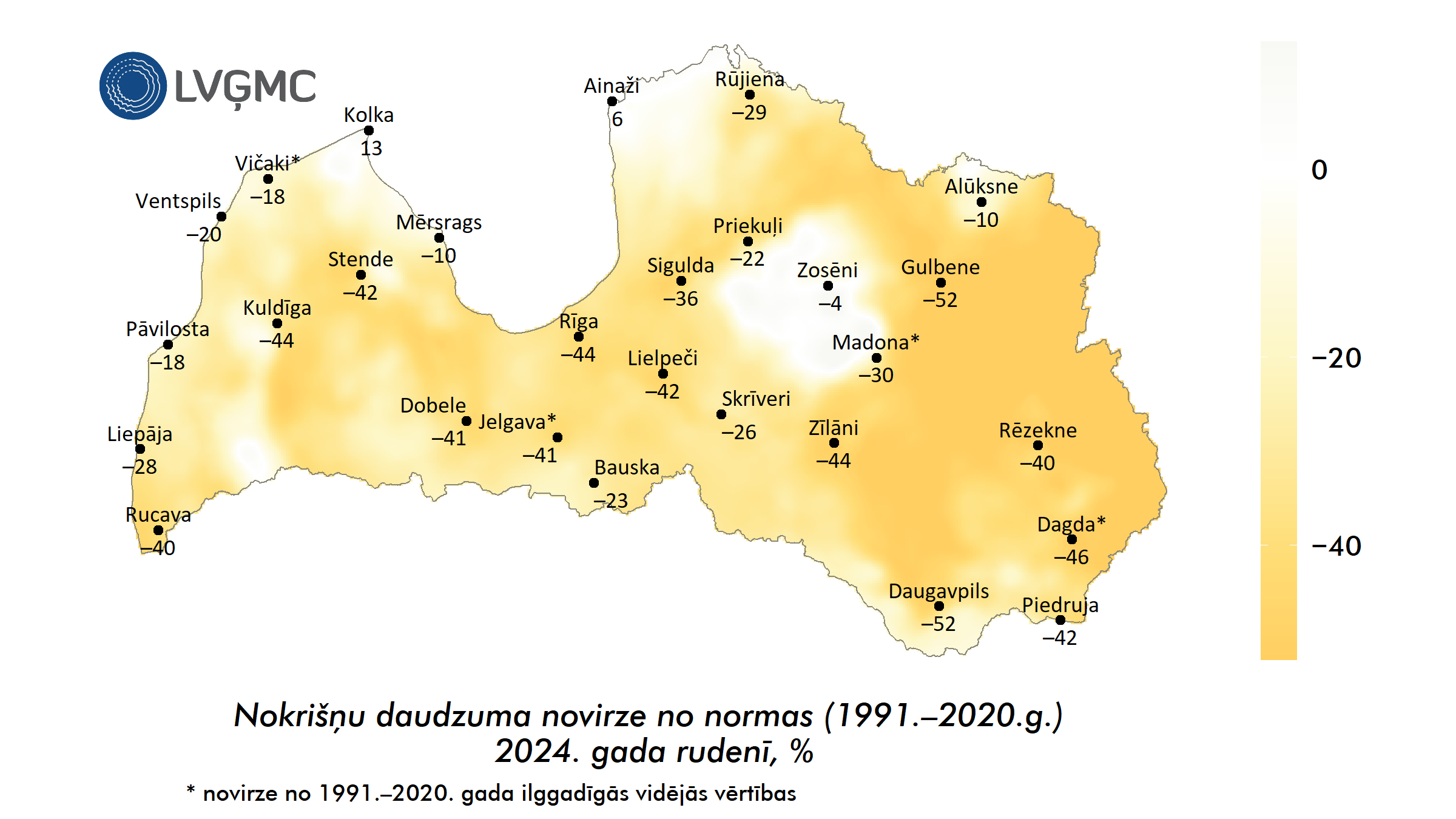 Nokrišņu daudzuma novirze no normas 2024. gada rudenī, %