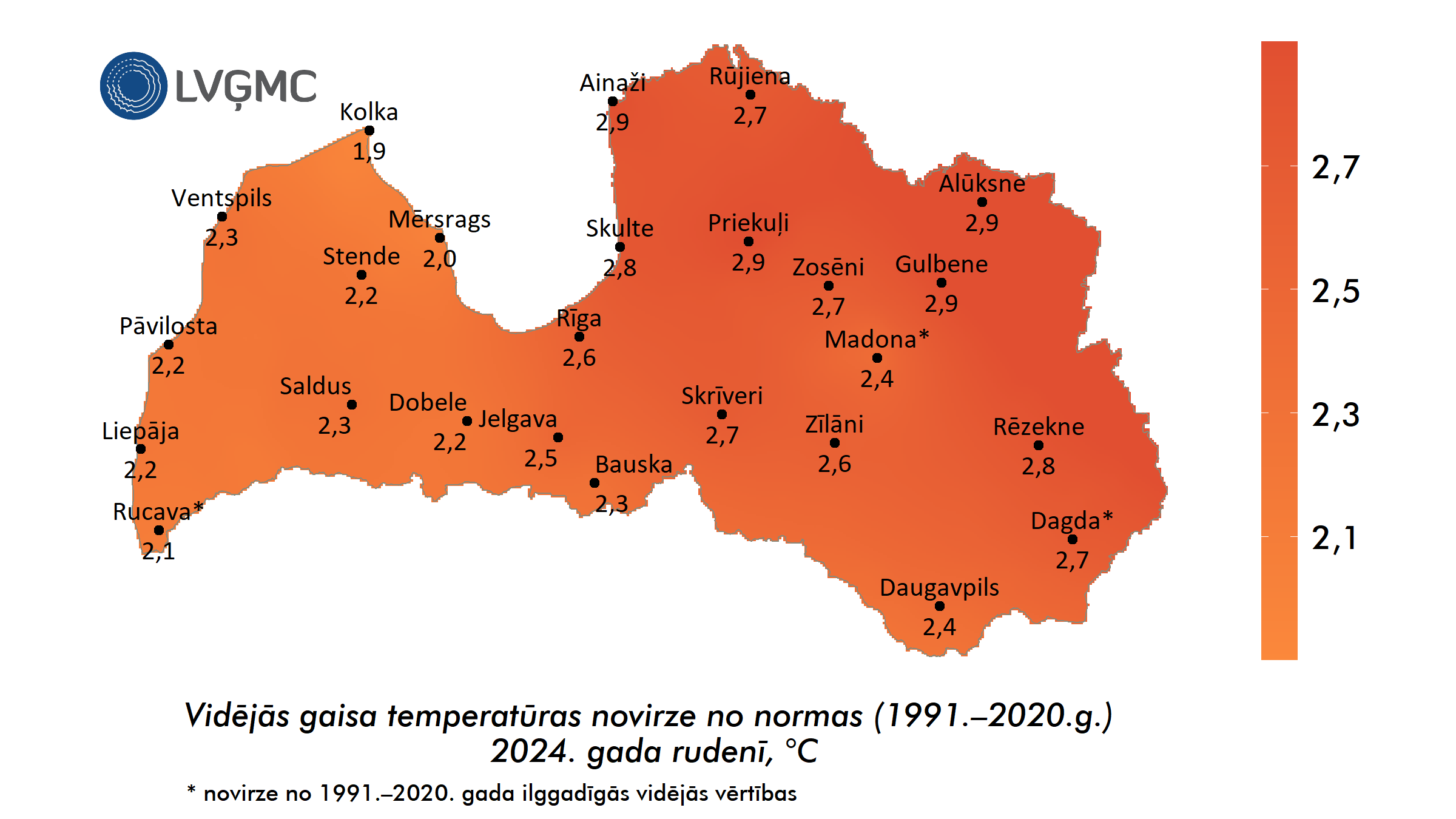 Vidējās gaisa temperatūras novirze no normas 2024. gada rudenī, °C