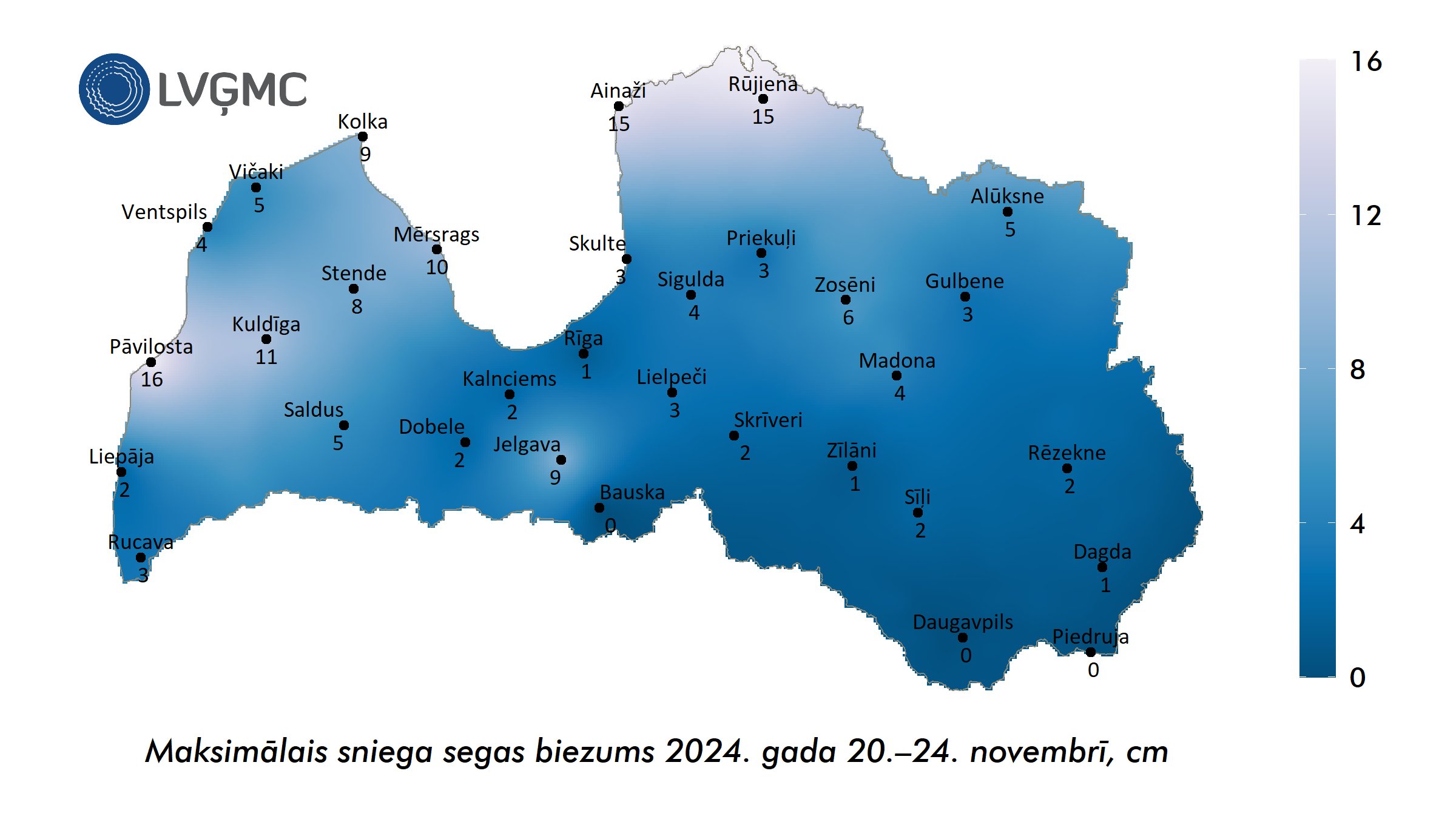 Maksimālais sniega segas biezums 2024. gada 20.–24. novembrī, cm