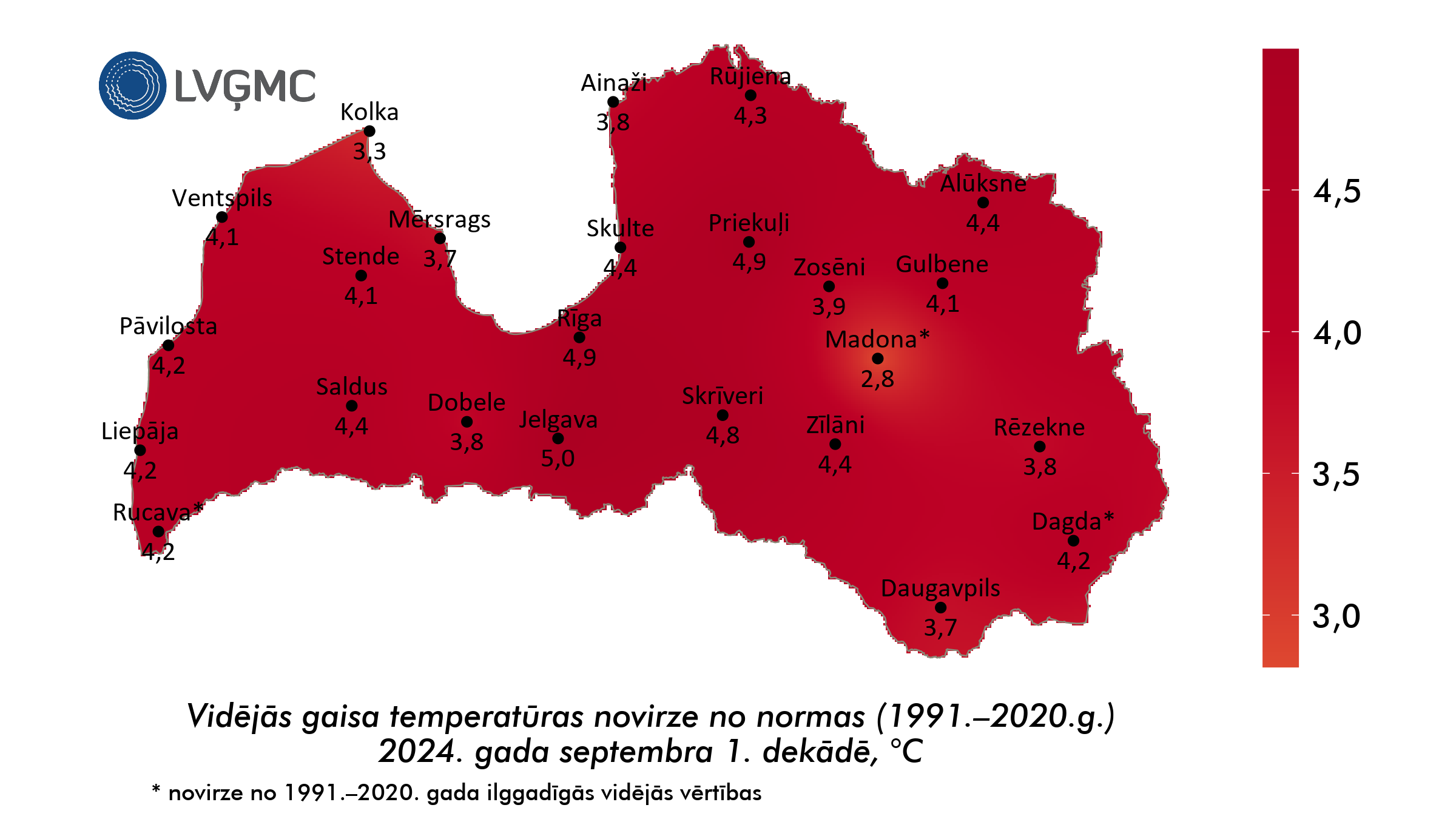 Vidējās gaisa temperatūras novirze no normas 2024. gada septembra 1. dekādē, °C 