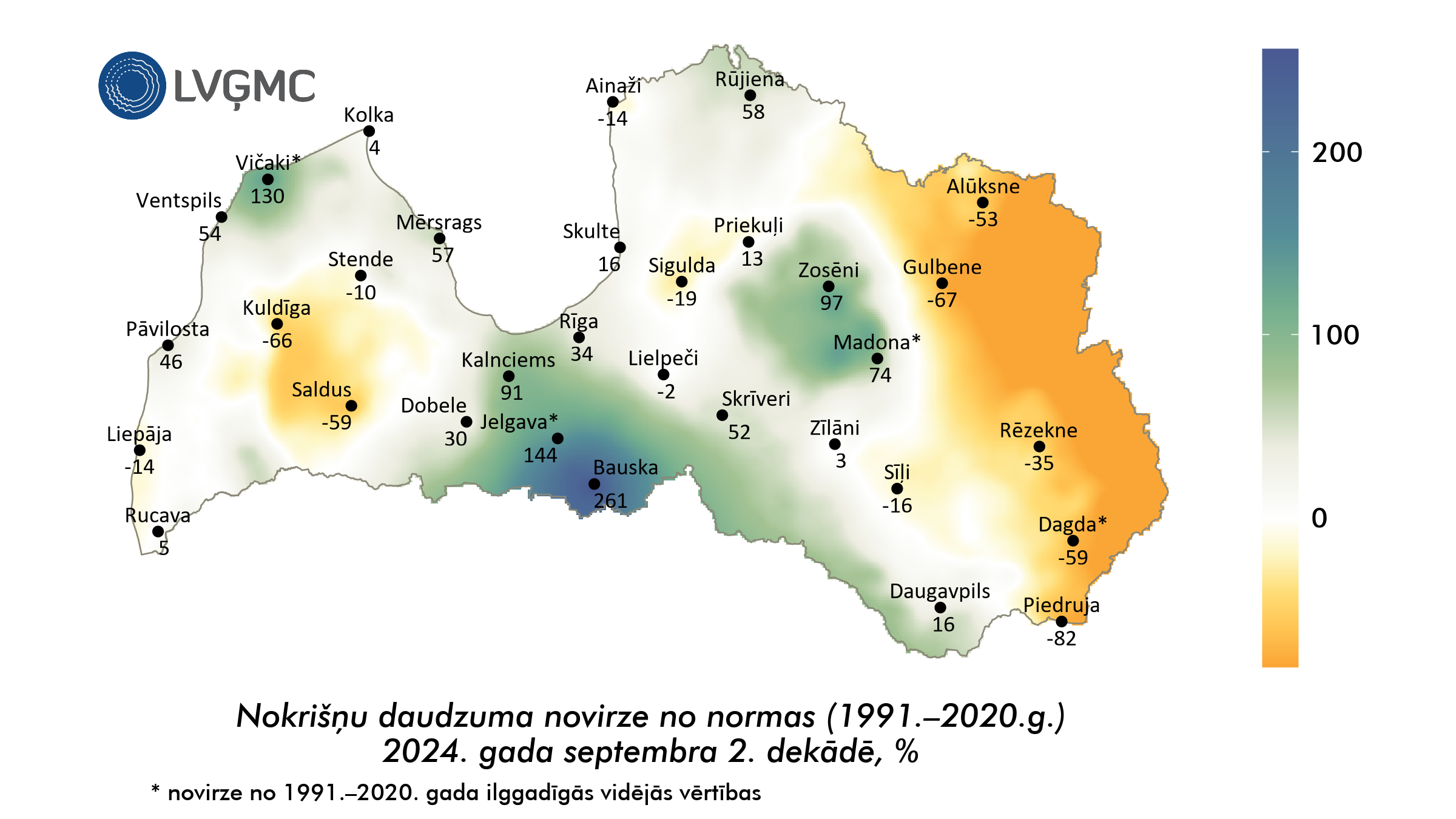 Nokrišņu daudzuma novirze no normas 2024. gada septembra 2. dekādē, %