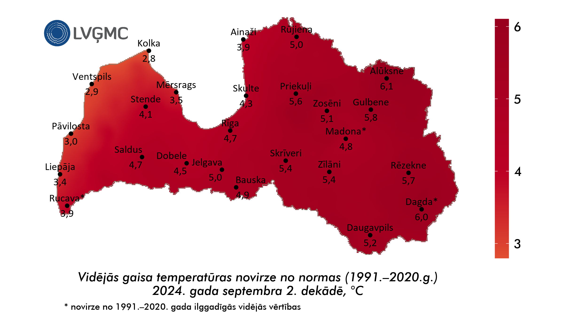 Vidējās gaisa temperatūras novirze no normas 2024. gada septembra 2. dekādē, °C 