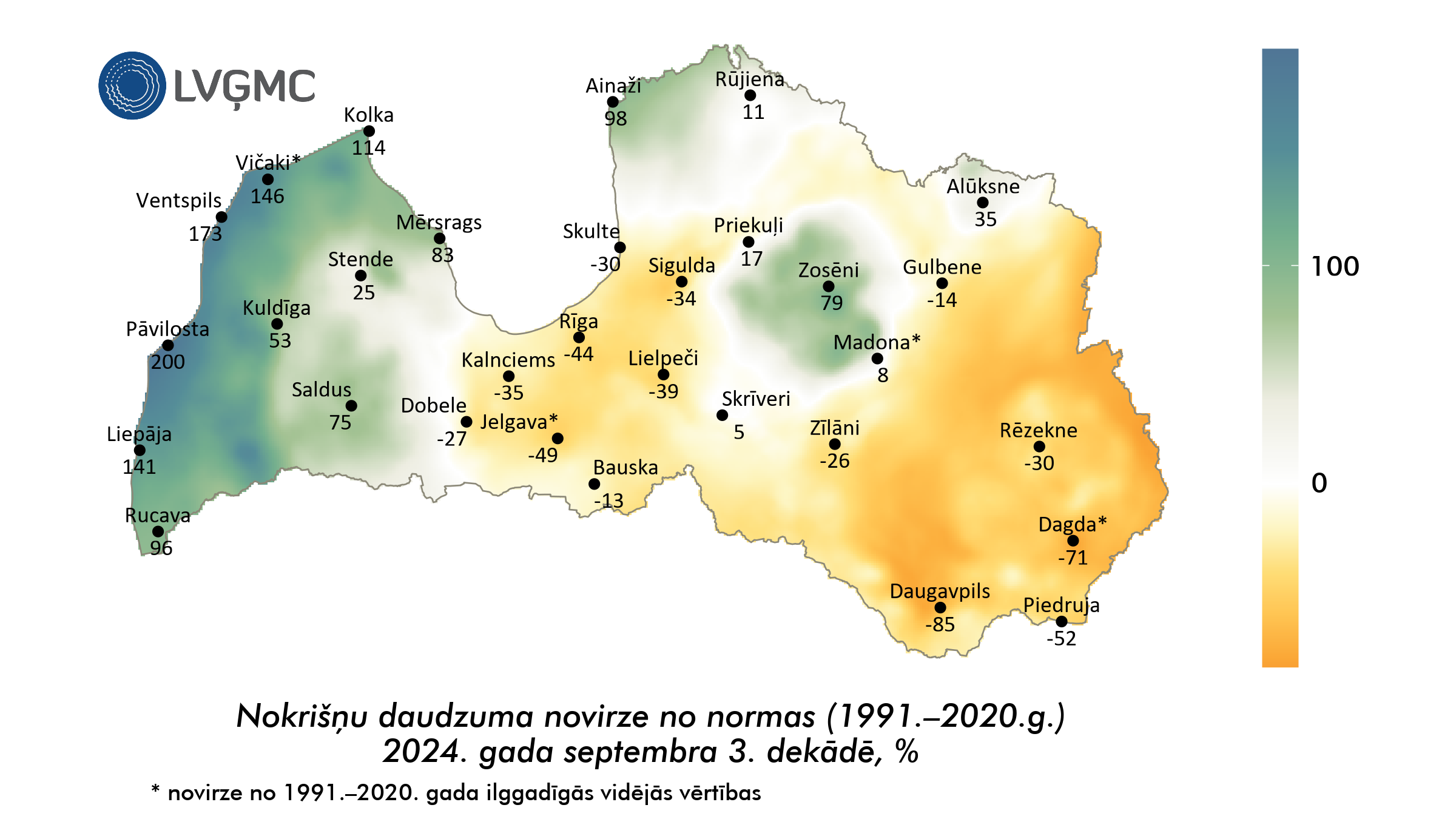 Nokrišņu daudzuma novirze no normas 2024. gada septembra 3. dekādē, %