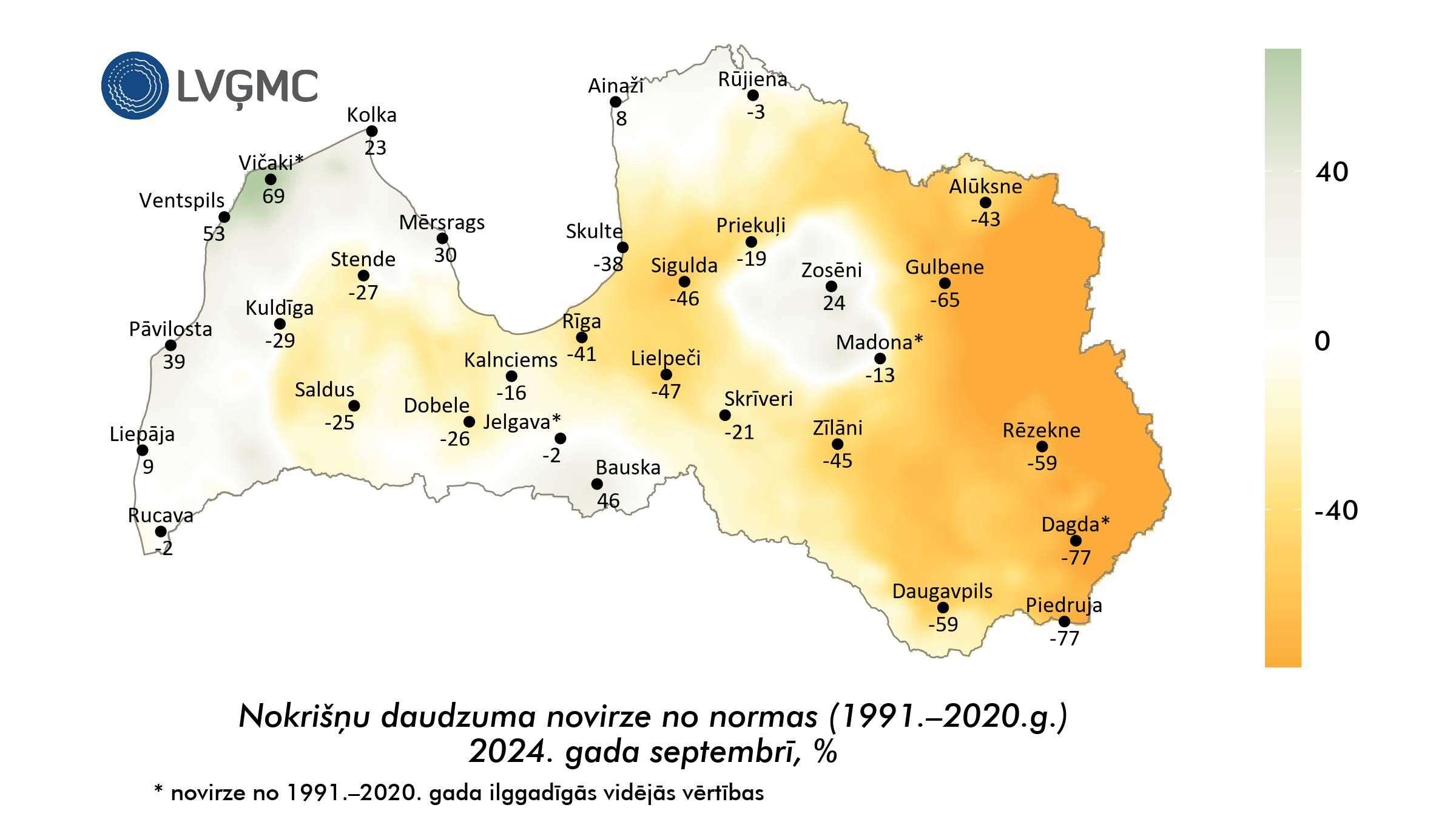 Nokrišņu daudzuma novirze no normas 2024. gada septembrī, %