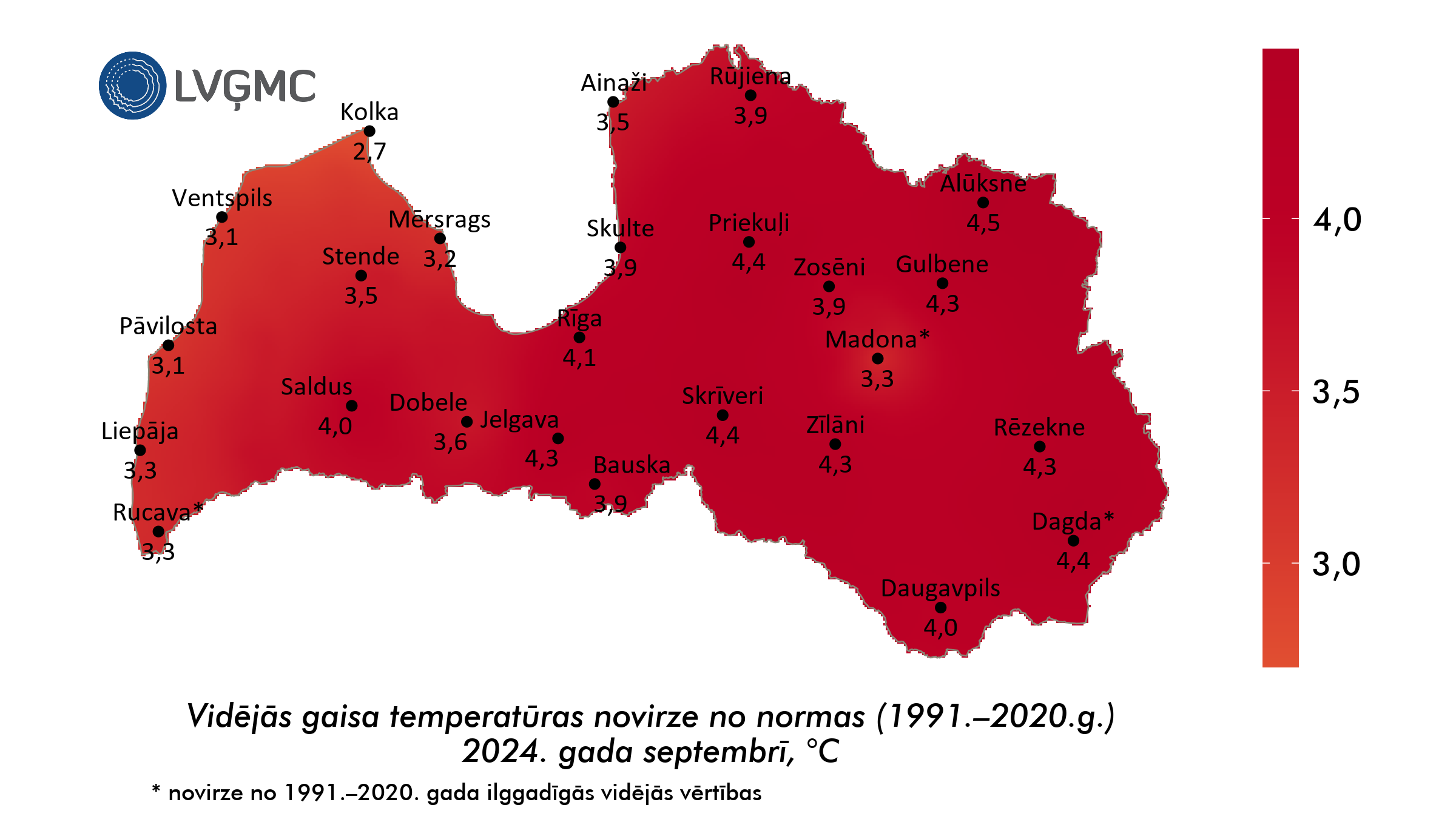 Vidējās gaisa temperatūras novirze no normas 2024. gada septembrī, °C 