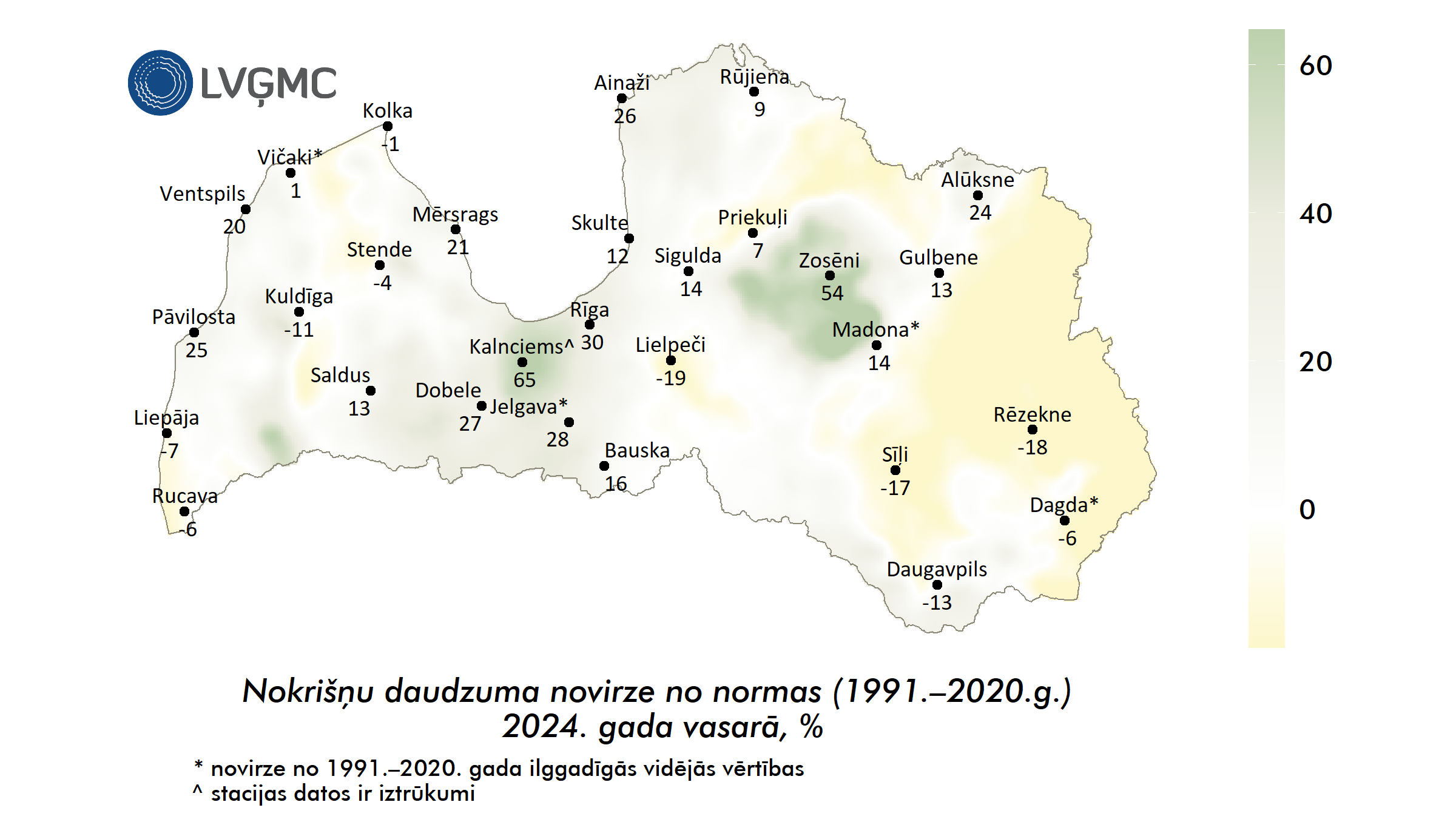 Nokrišņu daudzuma novirze no normas 2024. gada vasarā, %