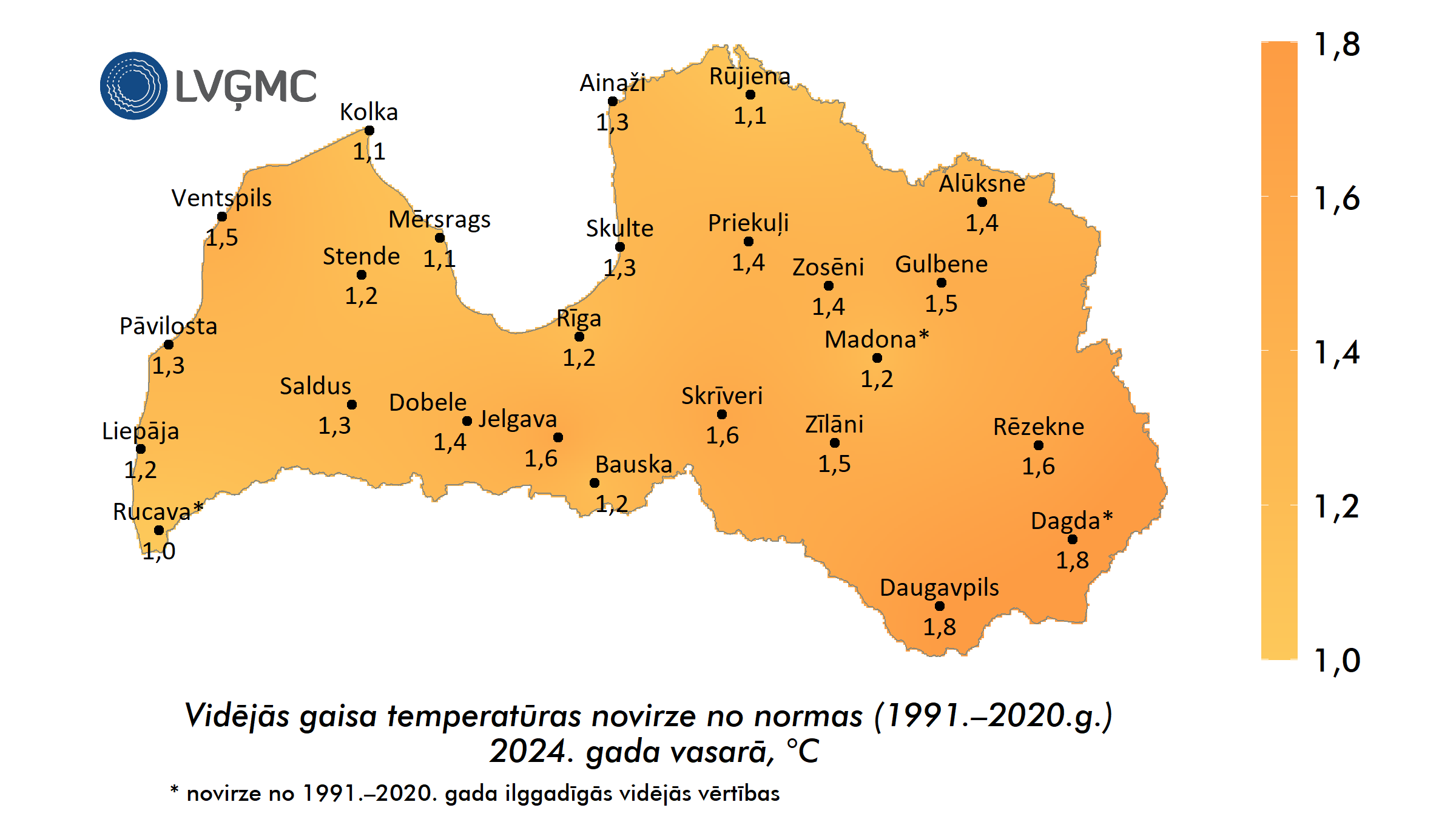 Vidējās gaisa temperatūras novirze no normas 2024. gada vasarā, °C