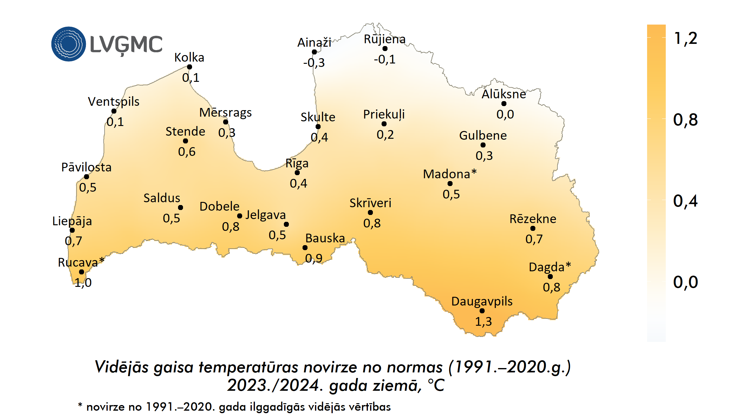 Vidējās gaisa temperatūras novirze no normas 2023./2024. gada ziemā, °C