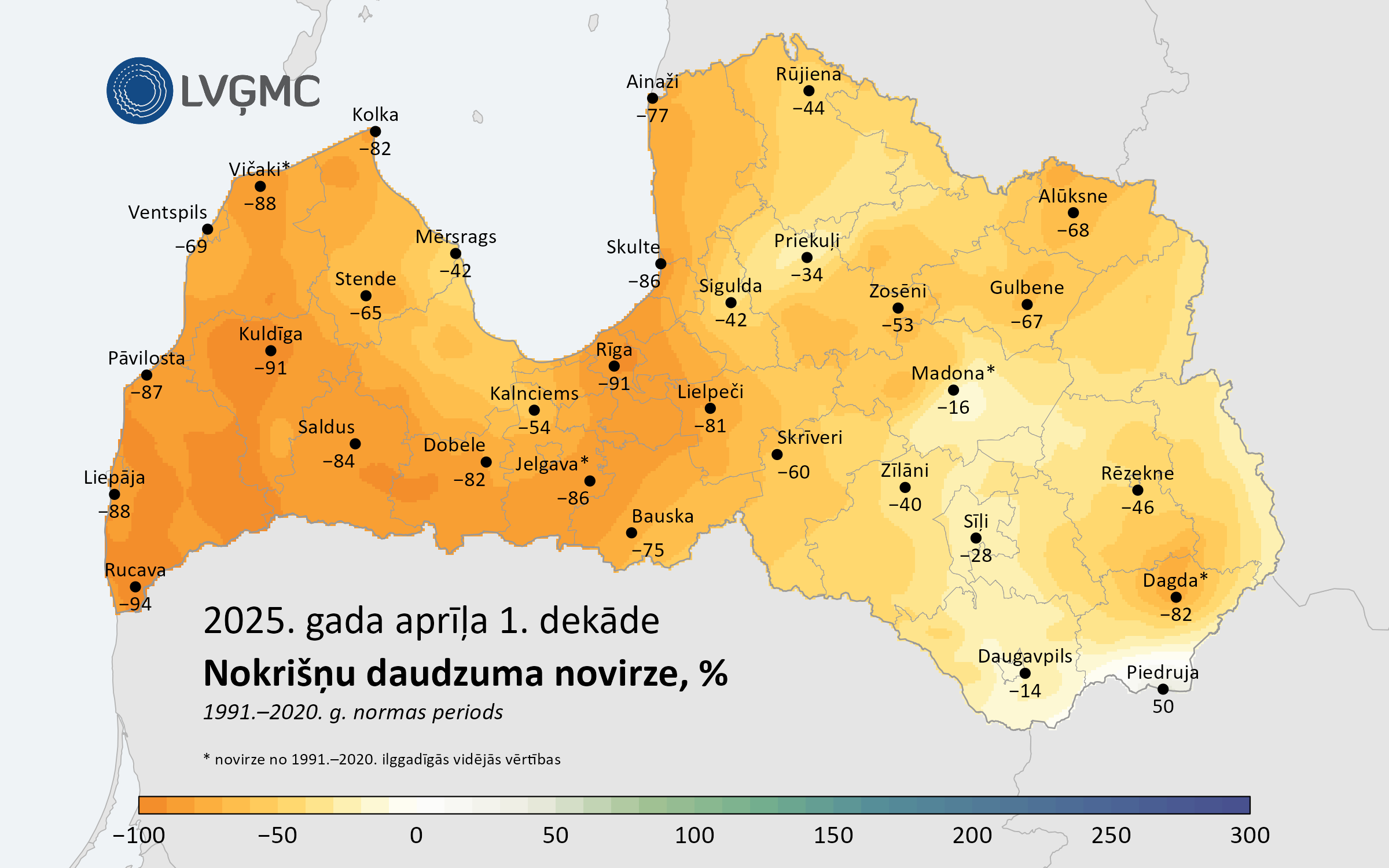 Nokrišņu daudzuma novirze no normas 2025. gada aprīļa 1. dekādē, %