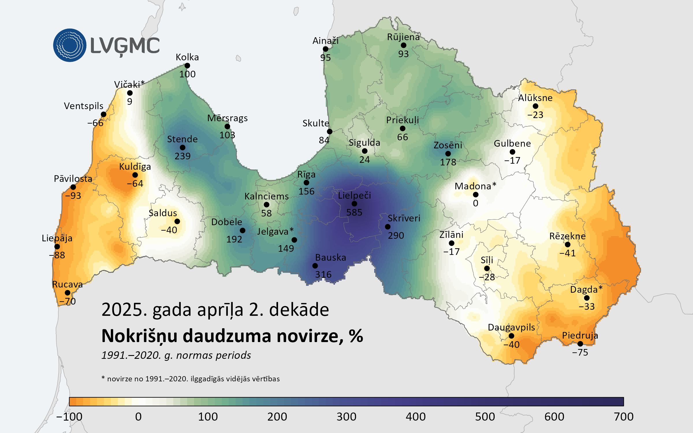 Nokrišņu daudzuma novirze no normas 2025. gada aprīļa 2. dekādē, %