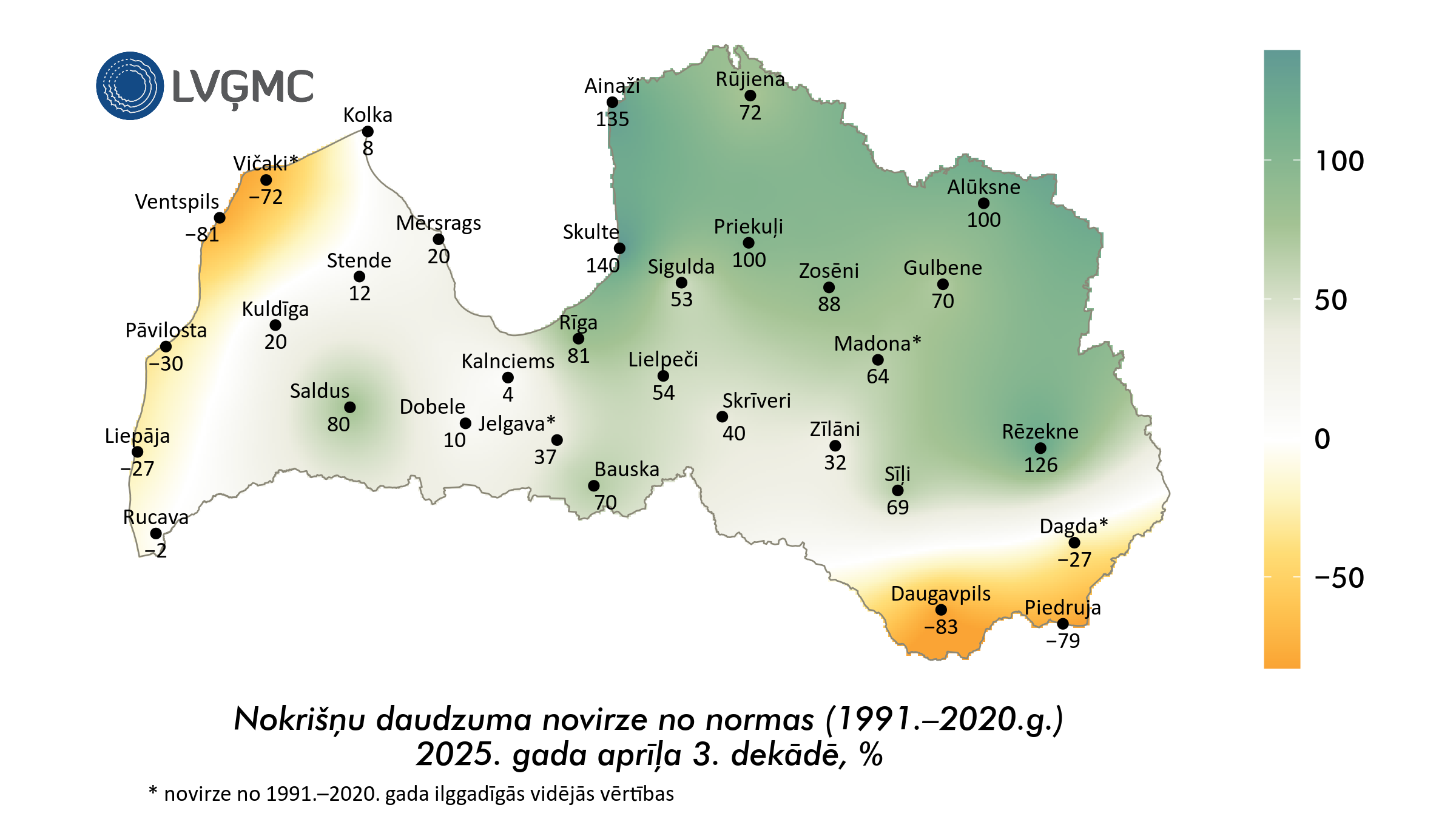 Nokrišņu daudzuma novirze no normas 2025. gada aprīļa 3. dekādē, %
