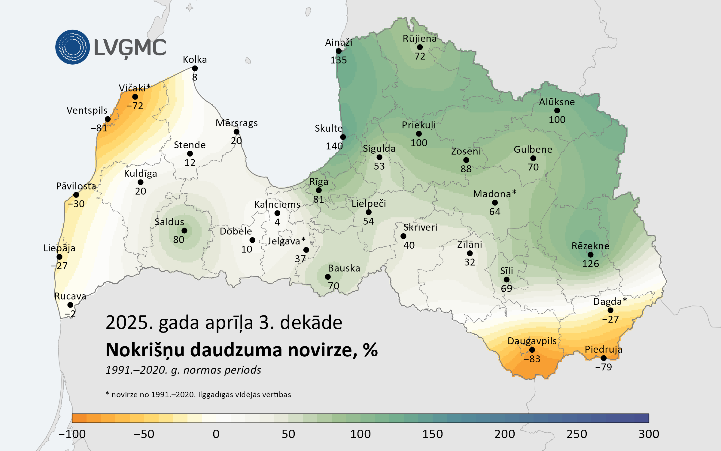 Nokrišņu daudzuma novirze no normas 2025. gada aprīļa 3. dekādē, %