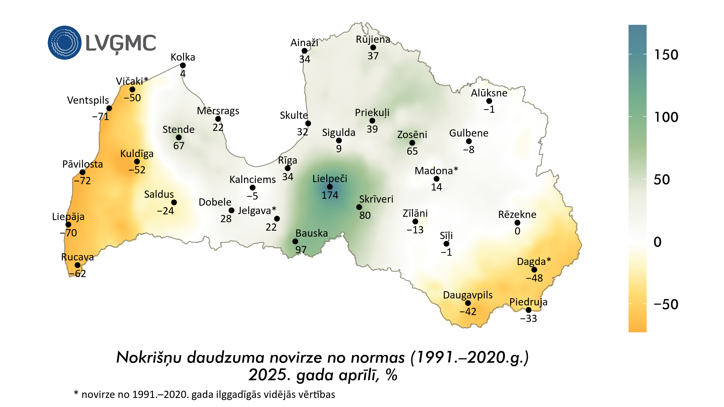 Nokrišņu daudzuma novirze no normas 2025. gada aprīlī, %