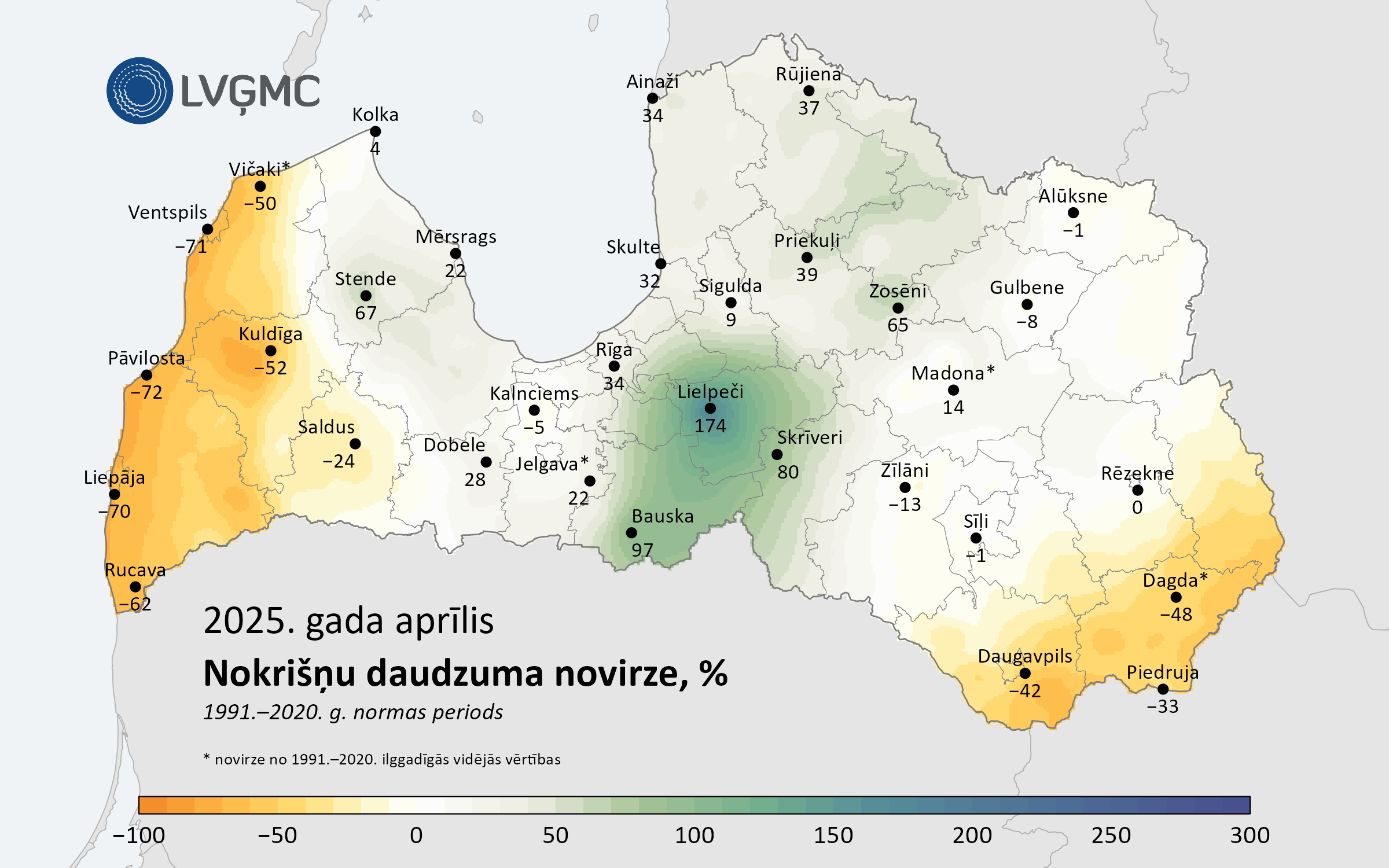Nokrišņu daudzuma novirze no normas 2025. gada aprīlī, %