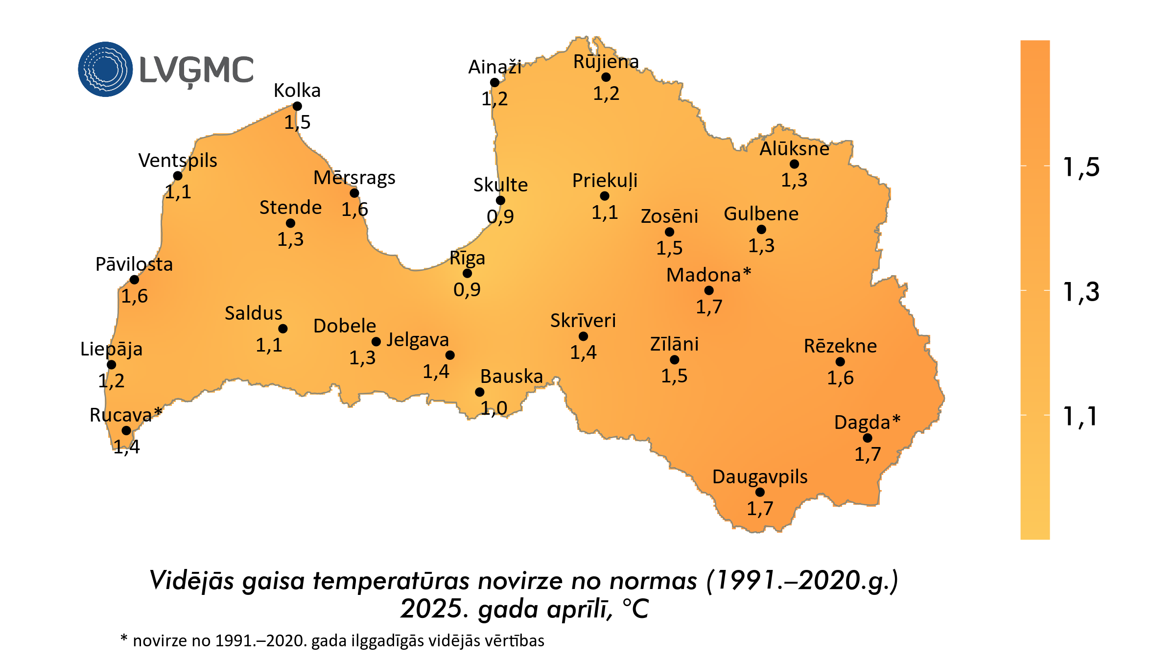 Vidējās gaisa temperatūras novirze no normas 2025. gada aprīlī, °C 