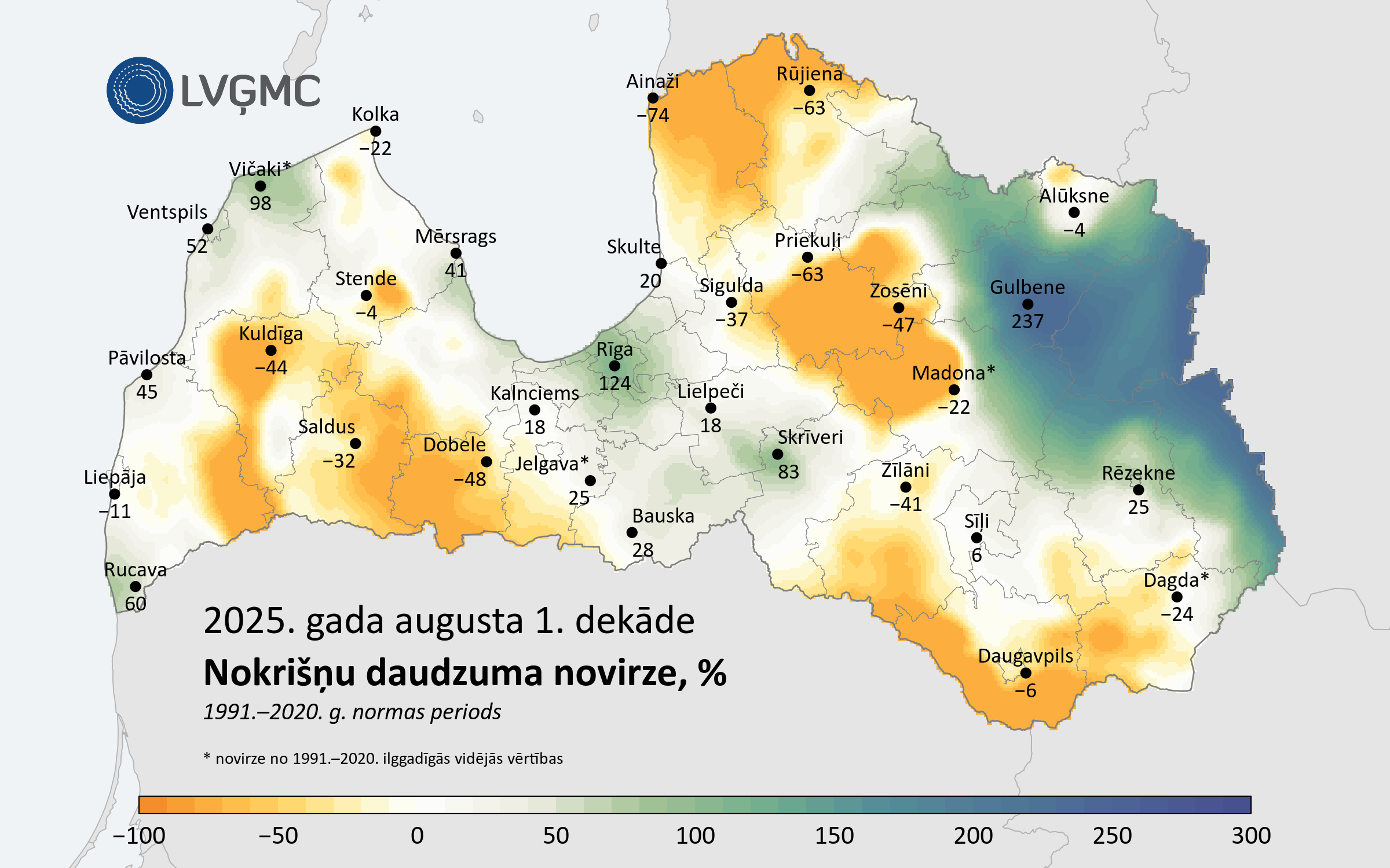 Nokrišņu daudzuma novirze no normas 2025. gada augusta 1. dekādē, %