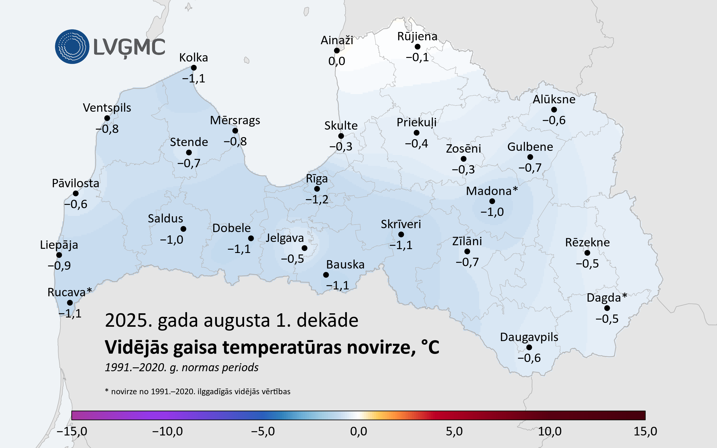 Vidējās gaisa temperatūras novirze no normas 2025. gada augusta 1. dekādē, °C 