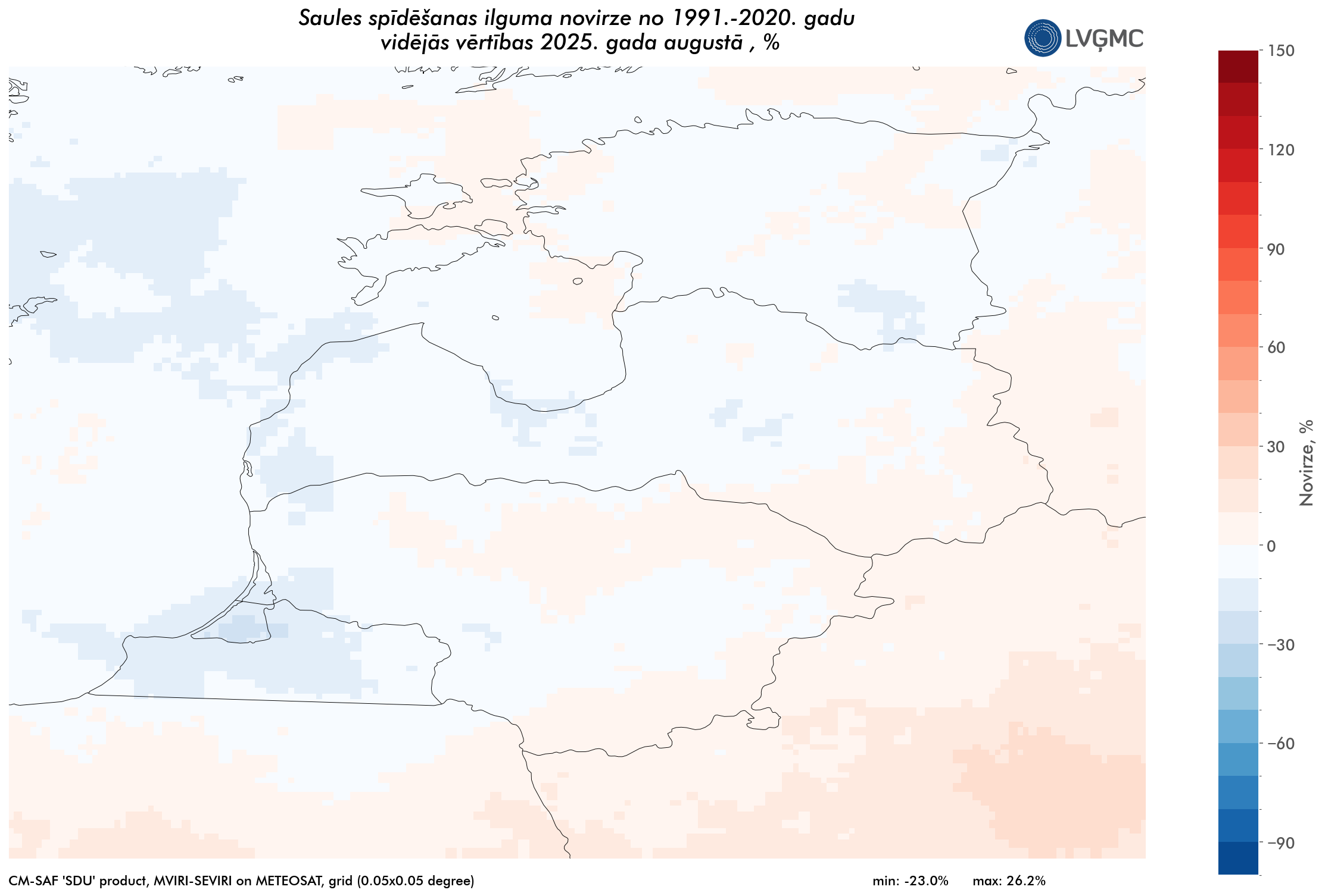 Saules spīdēšanas ilgums 2025. gada augustā