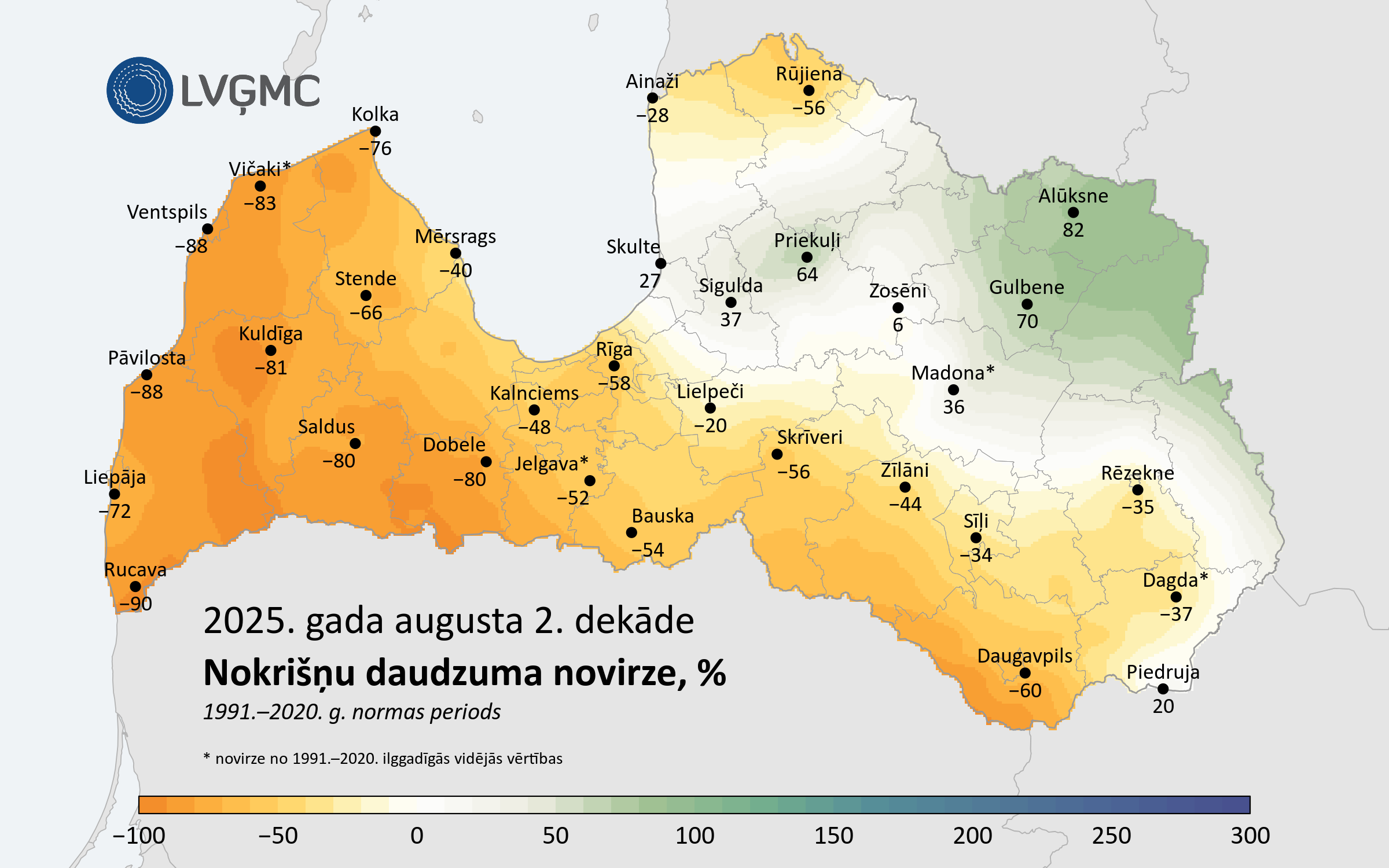 Nokrišņu daudzuma novirze no normas 2025. gada augusta 2. dekādē, %