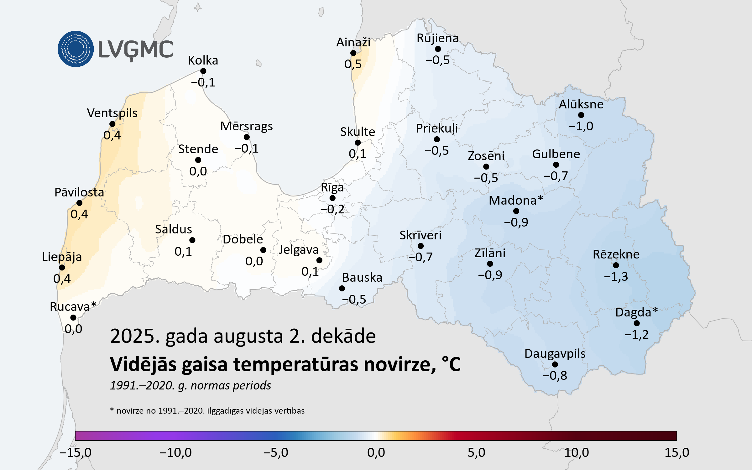 Vidējās gaisa temperatūras novirze no normas 2025. gada augusta 2. dekādē, °C 