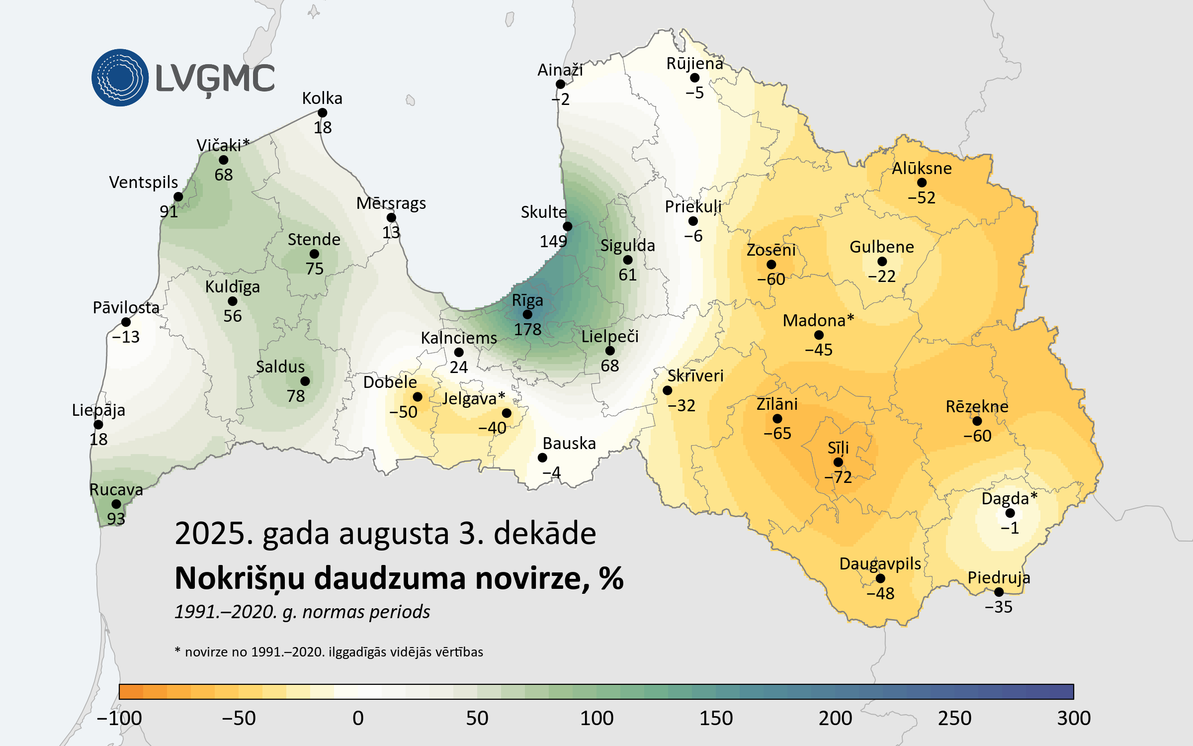 Nokrišņu daudzuma novirze no normas 2025. gada augusta 3. dekādē, %