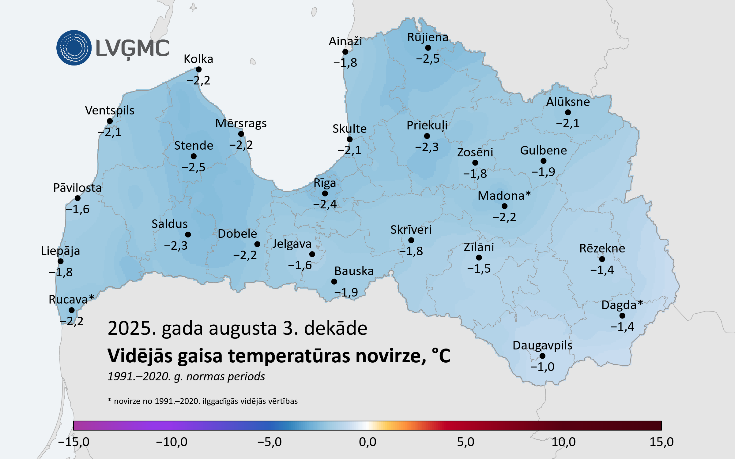 Vidējās gaisa temperatūras novirze no normas 2025. gada augusta 3. dekādē, °C 