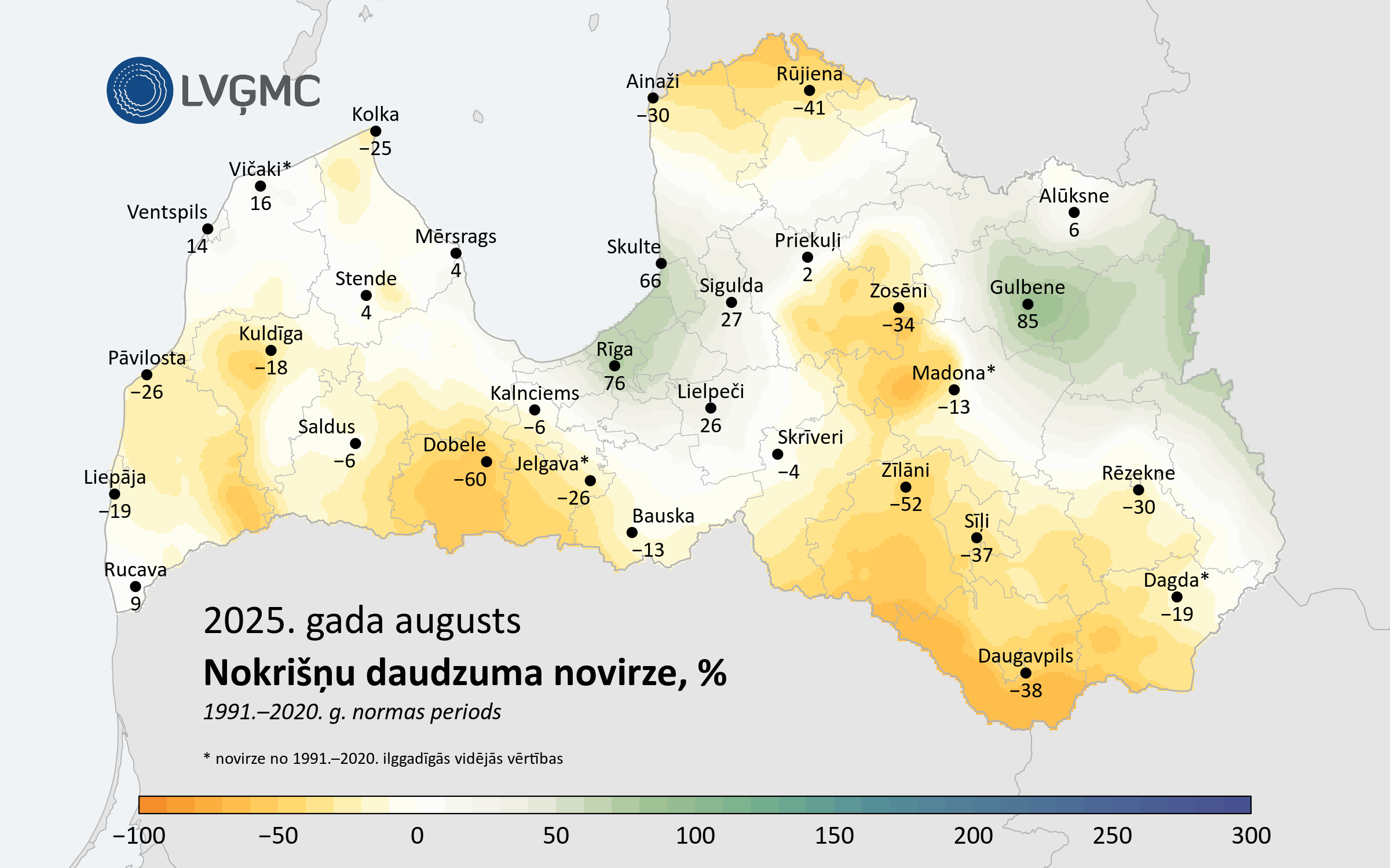 Nokrišņu daudzuma novirze no normas 2025. gada augustā, %